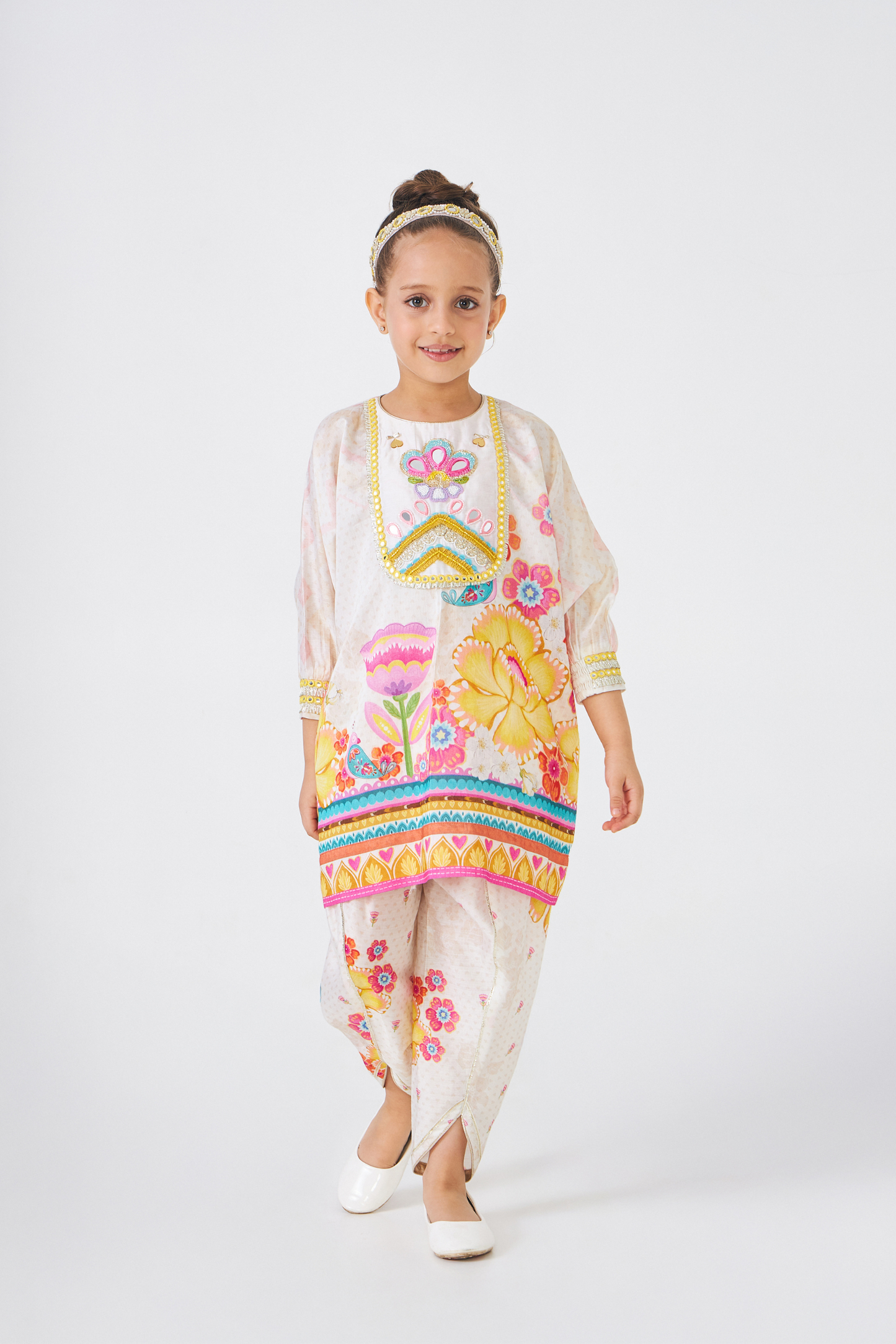 Freya Mustard Embellished Girls Tunic With Tulip Pants (Set of 2 Pcs)