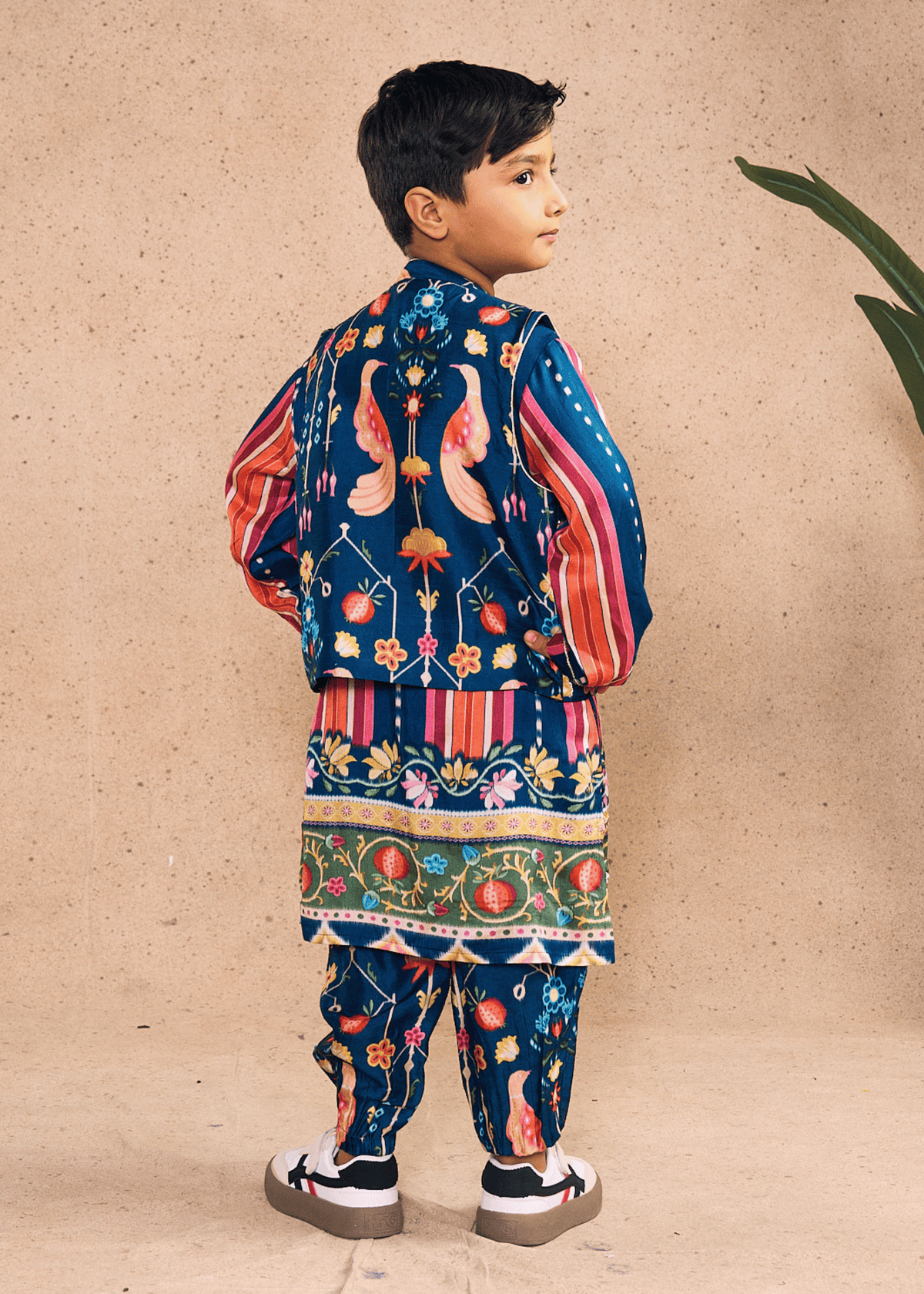 Dalia Navy Stripe Boys Embellished Kurta Coord & Bundi (Set of 3 pcs)
