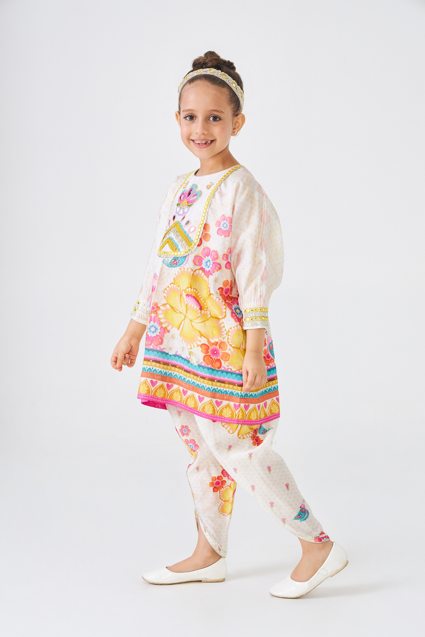 Freya Mustard Embellished Girls Tunic With Tulip Pants (Set of 2 Pcs)