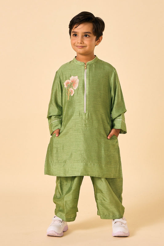Olive Embellished Boys Kurta Coord( 2 Pc Set)