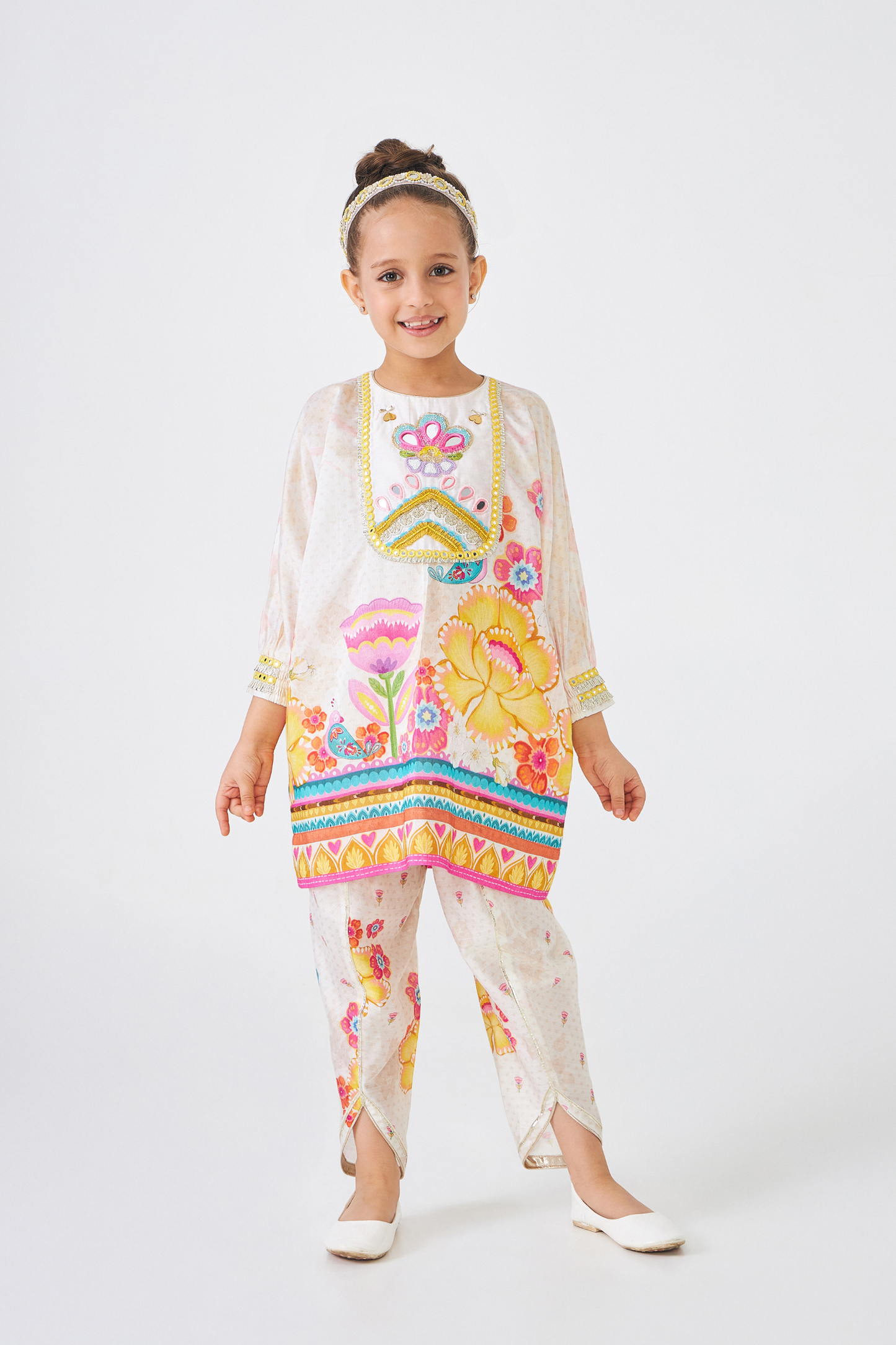 Freya Mustard Embellished Girls Tunic With Tulip Pants (Set of 2 Pcs)