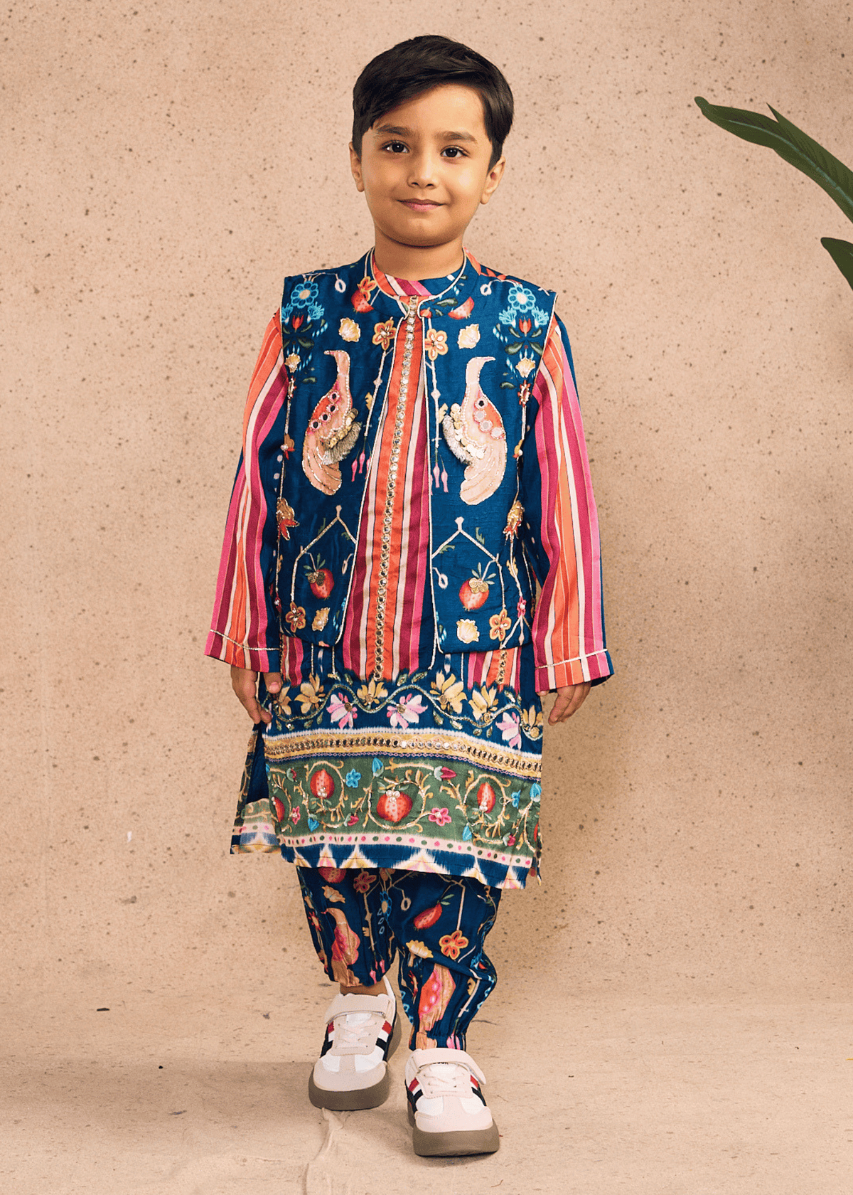 Dalia Navy Stripe Boys Embellished Kurta Coord & Bundi (Set of 3 pcs)