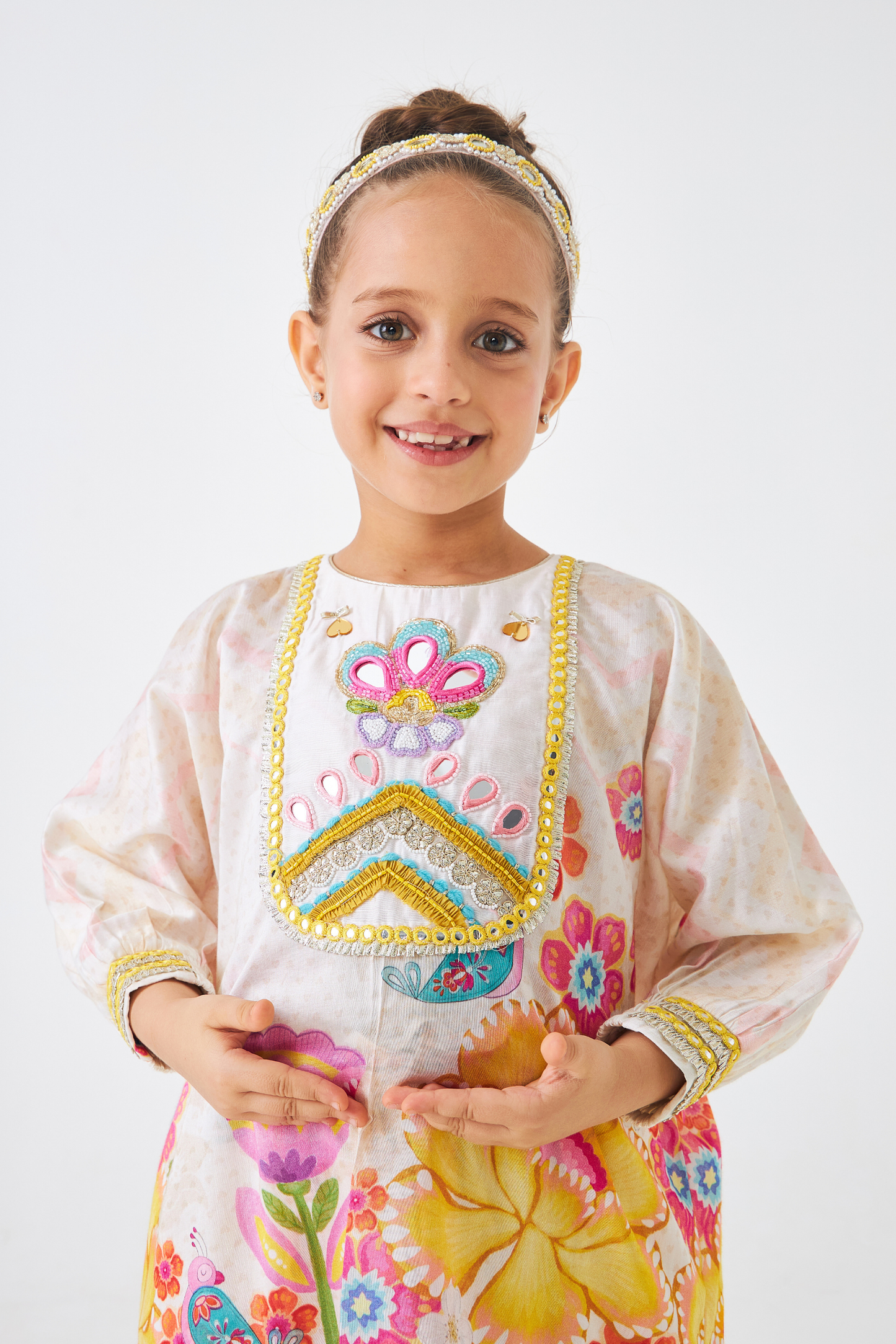 Freya Mustard Embellished Girls Tunic With Tulip Pants (Set of 2 Pcs)