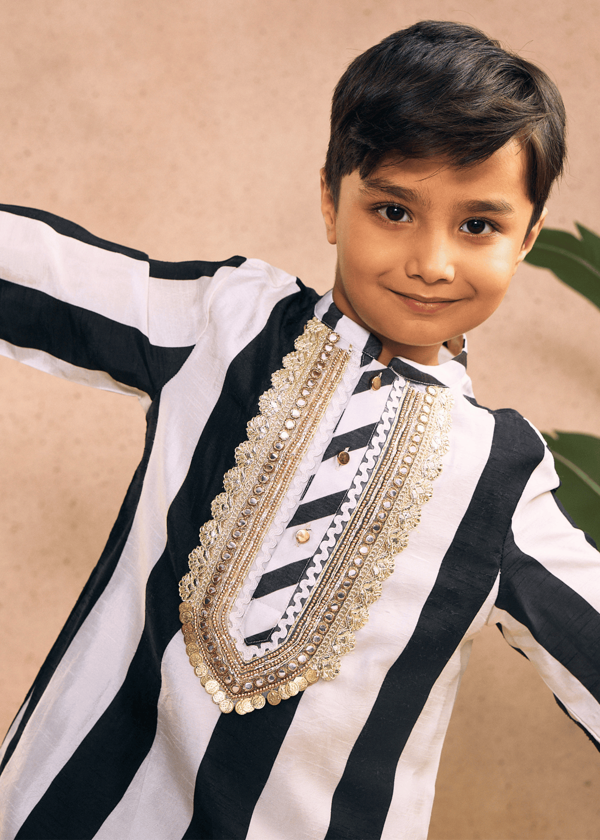 Zoey Stripe Boys Embellished Kurta & Pant Co-ord with Detachable Drape (Set of 2 pcs)