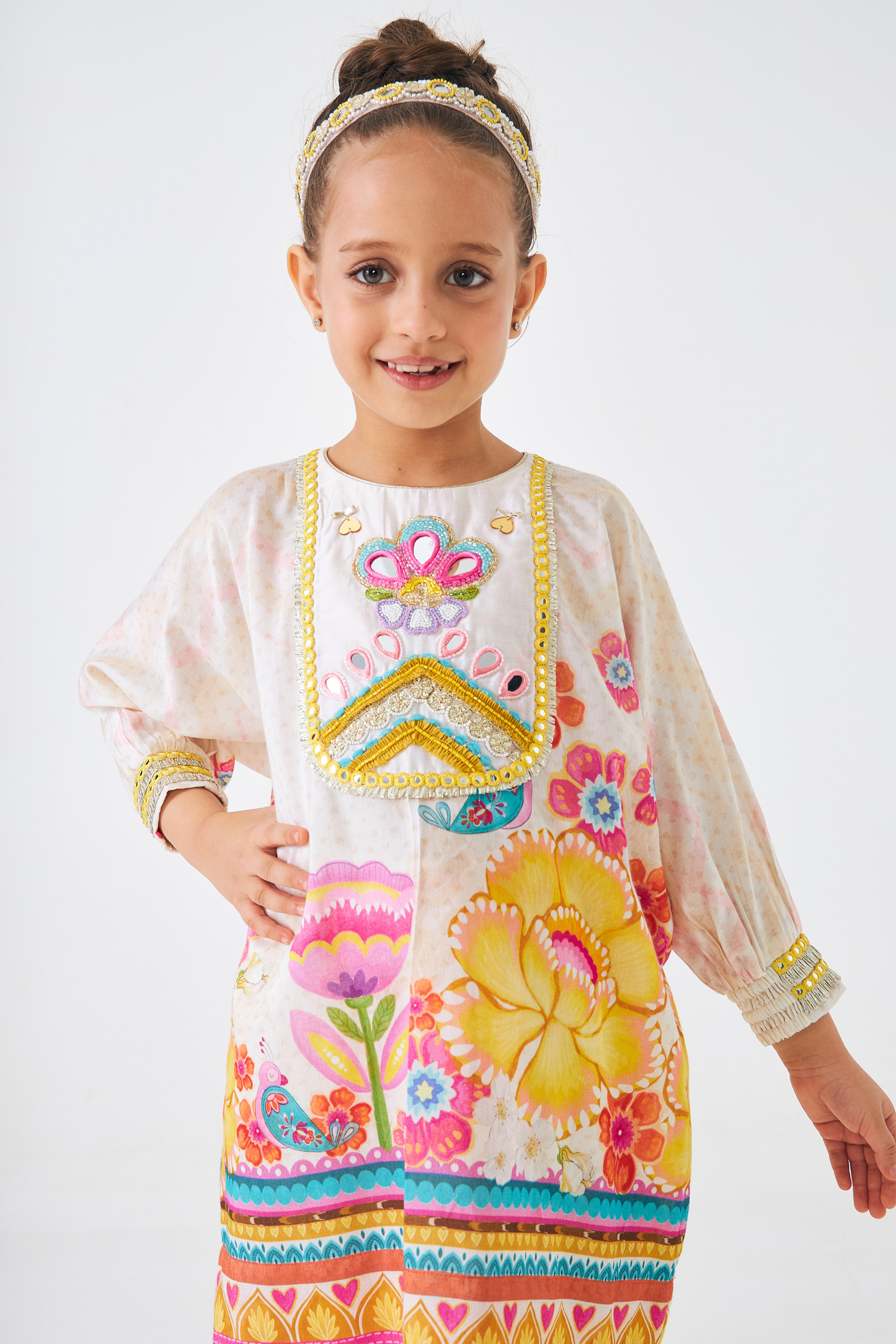 Freya Mustard Embellished Girls Tunic With Tulip Pants (Set of 2 Pcs)