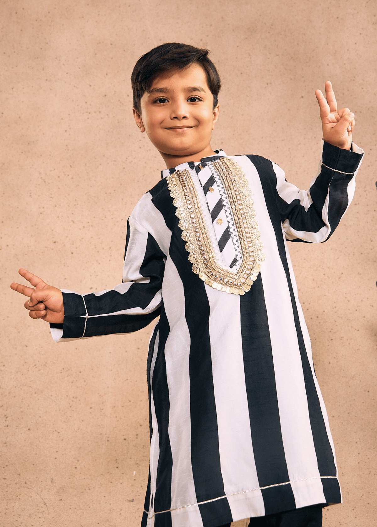 Zoey Stripe Boys Embellished Kurta & Pant Co-ord with Detachable Drape (Set of 2 pcs)