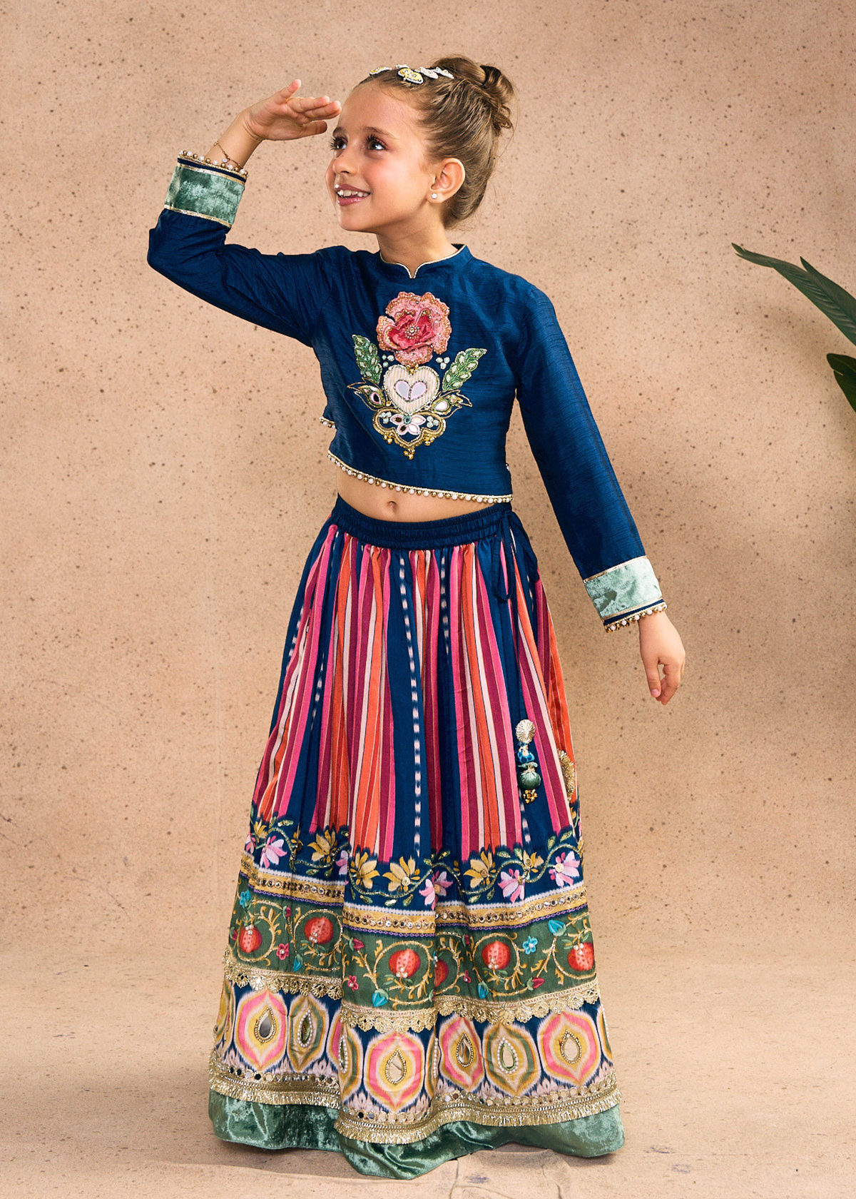 Dalia Navy Girls Embellished Full Sleeves Top, Skirt & Dupatta (Set of 3 pcs)