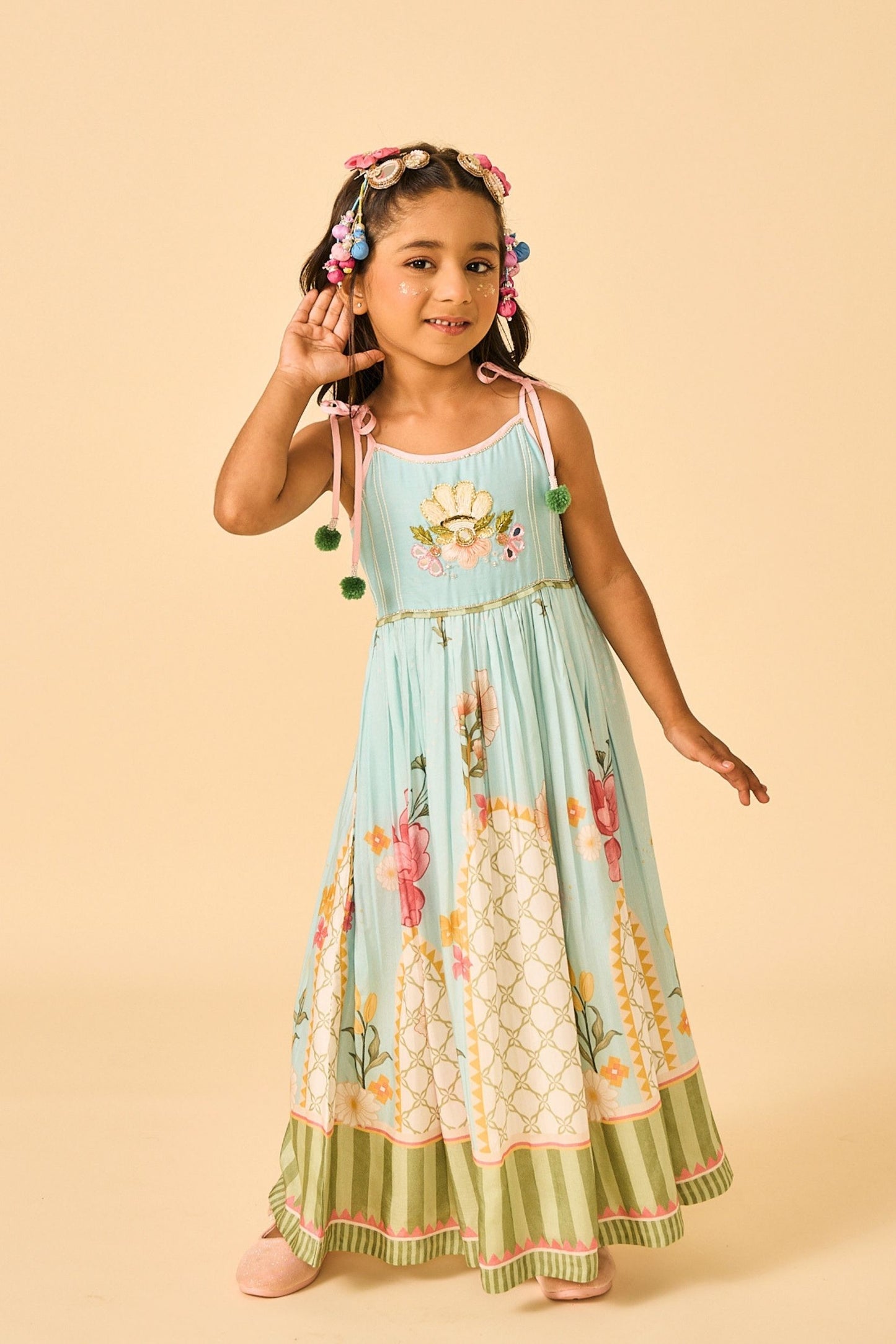 Blue Clay Embellished Girls Long Strappy Dress