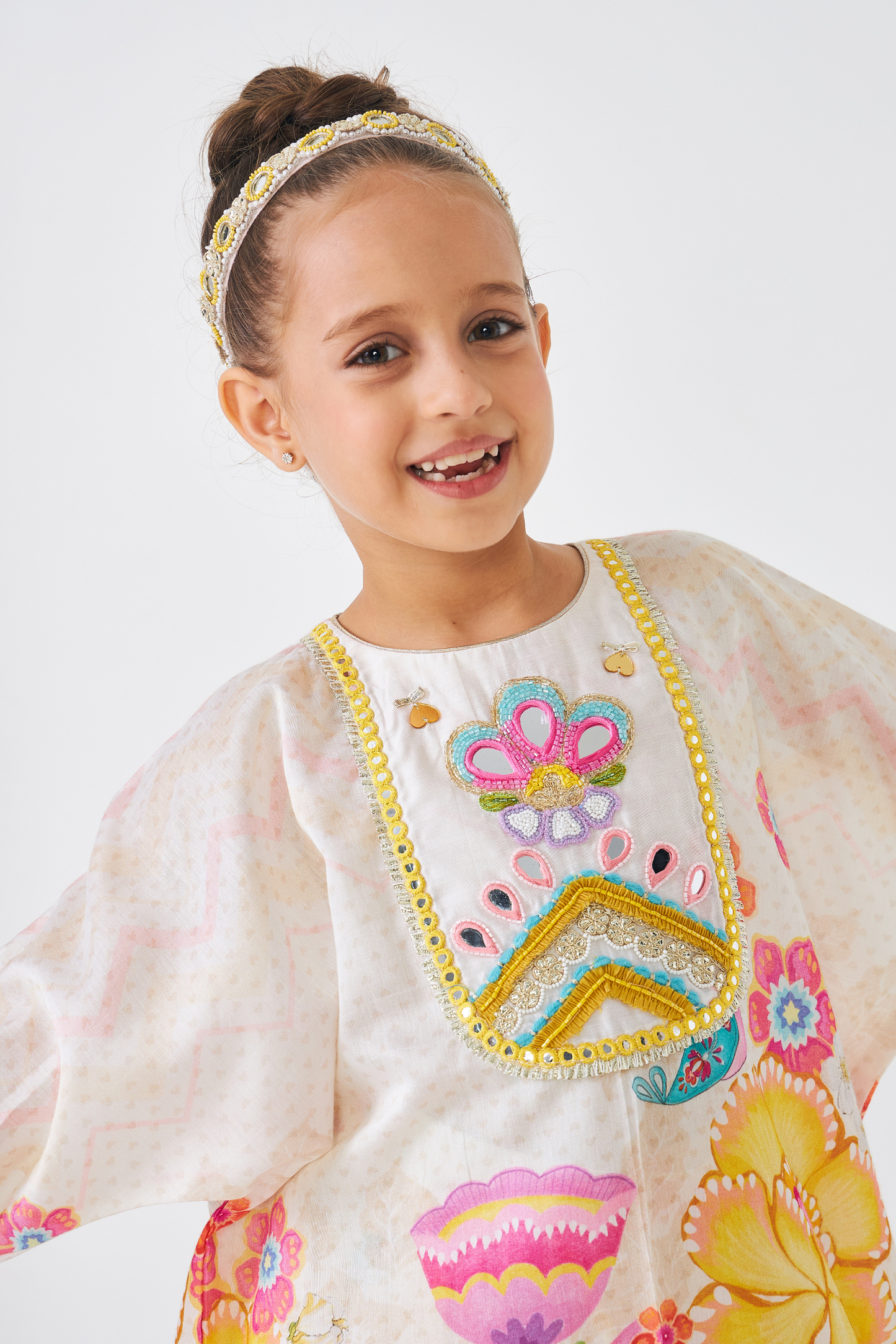 Freya Mustard Embellished Girls Tunic With Tulip Pants (Set of 2 Pcs)