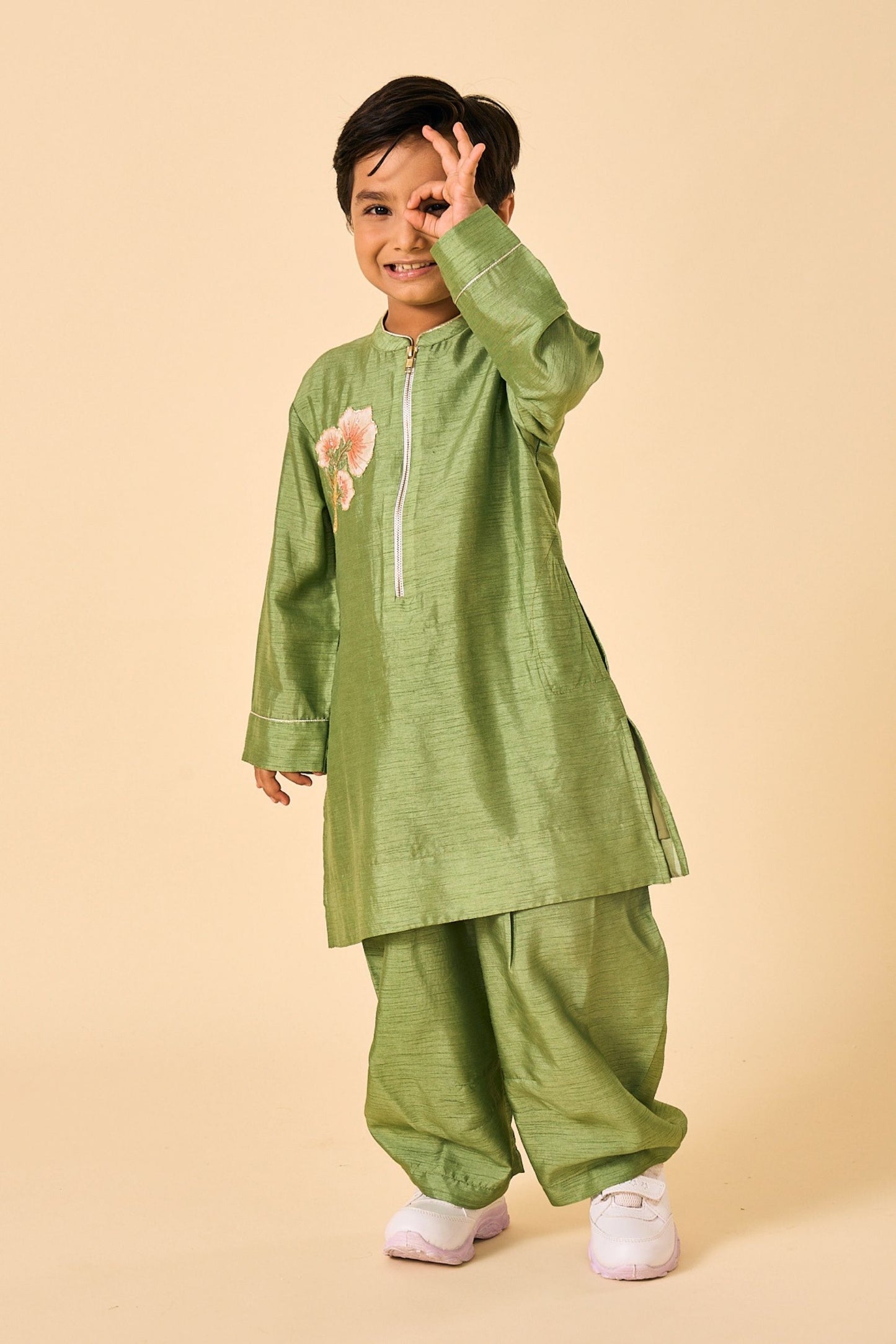 Olive Embellished Boys Kurta Coord( 2 Pc Set)