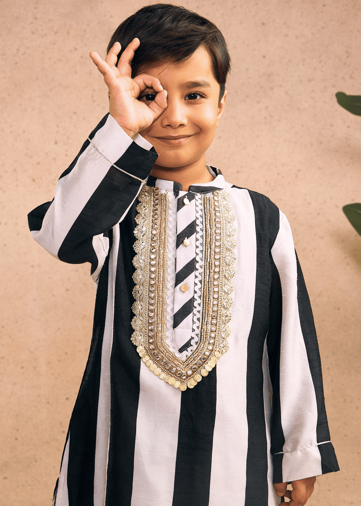 Zoey Stripe Boys Embellished Kurta & Pant Co-ord with Detachable Drape (Set of 2 pcs)