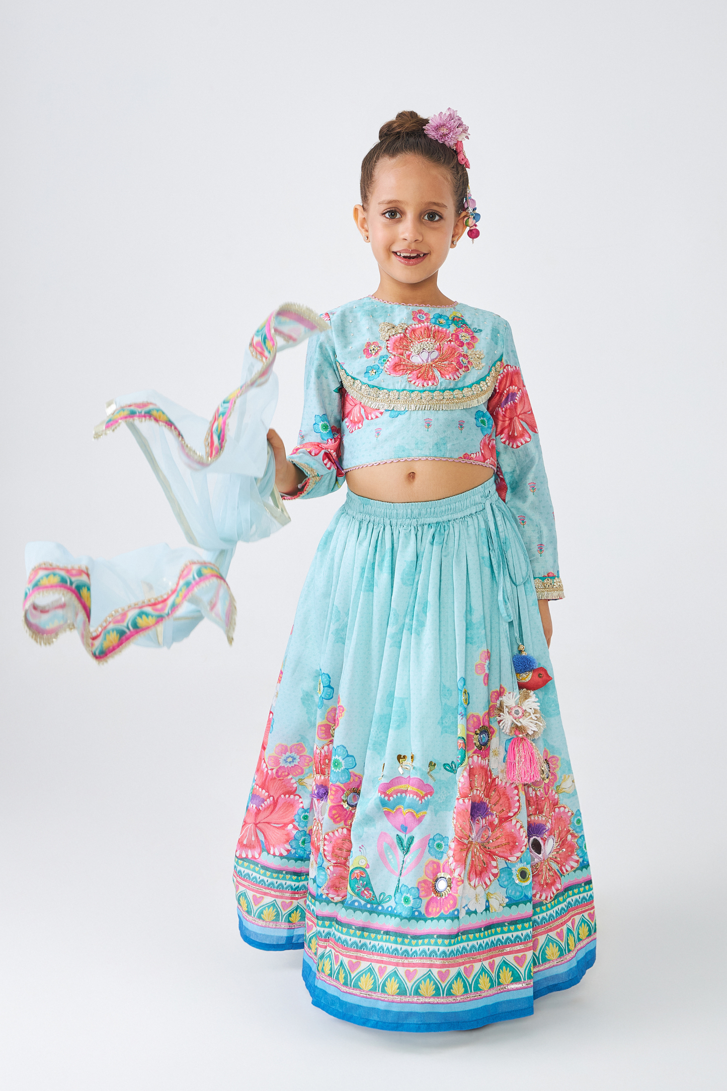 Freya Sage Girls Embellished Top & Lehenga (Set of 3 Pcs)