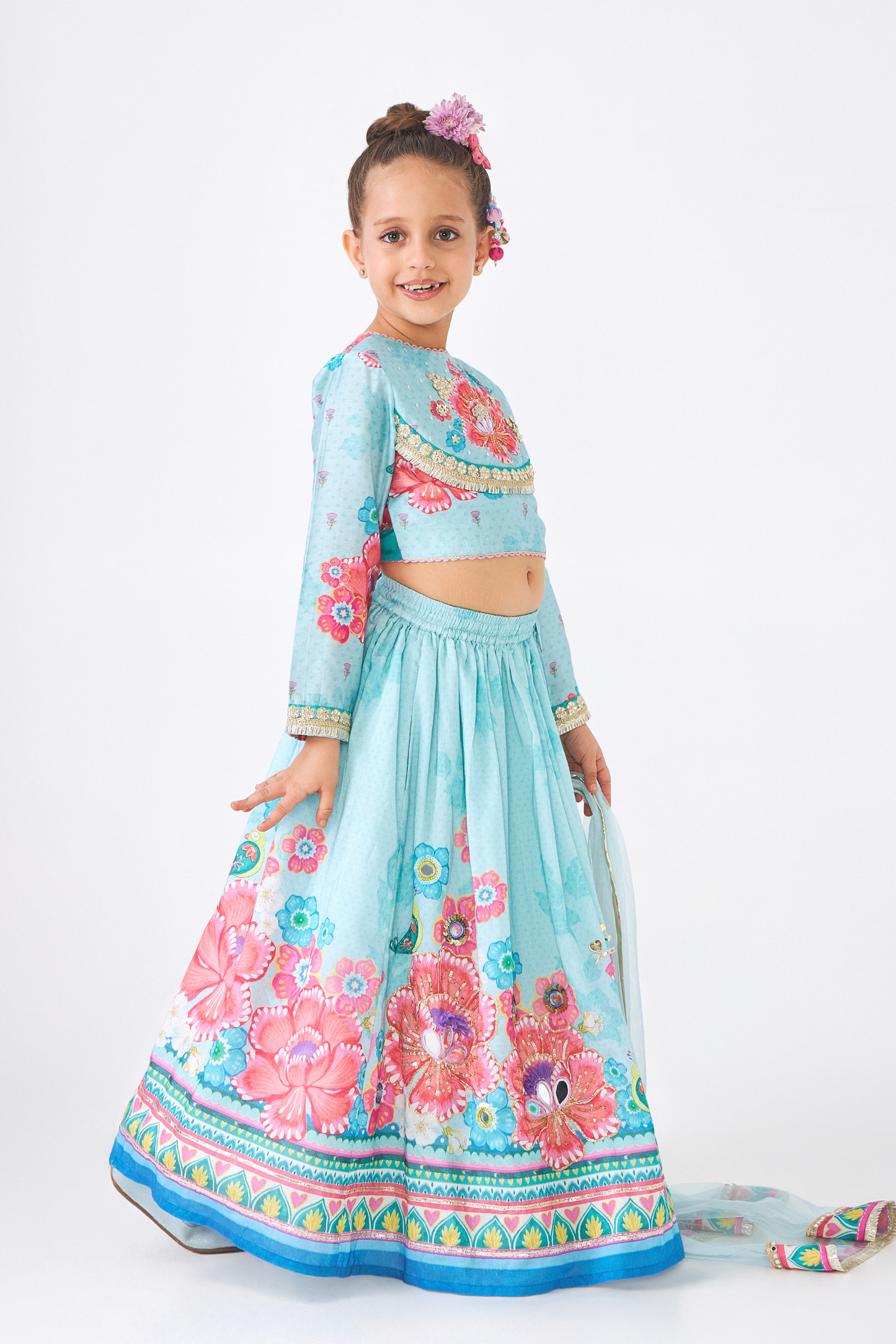 Freya Sage Girls Embellished Top & Lehenga (Set of 3 Pcs)