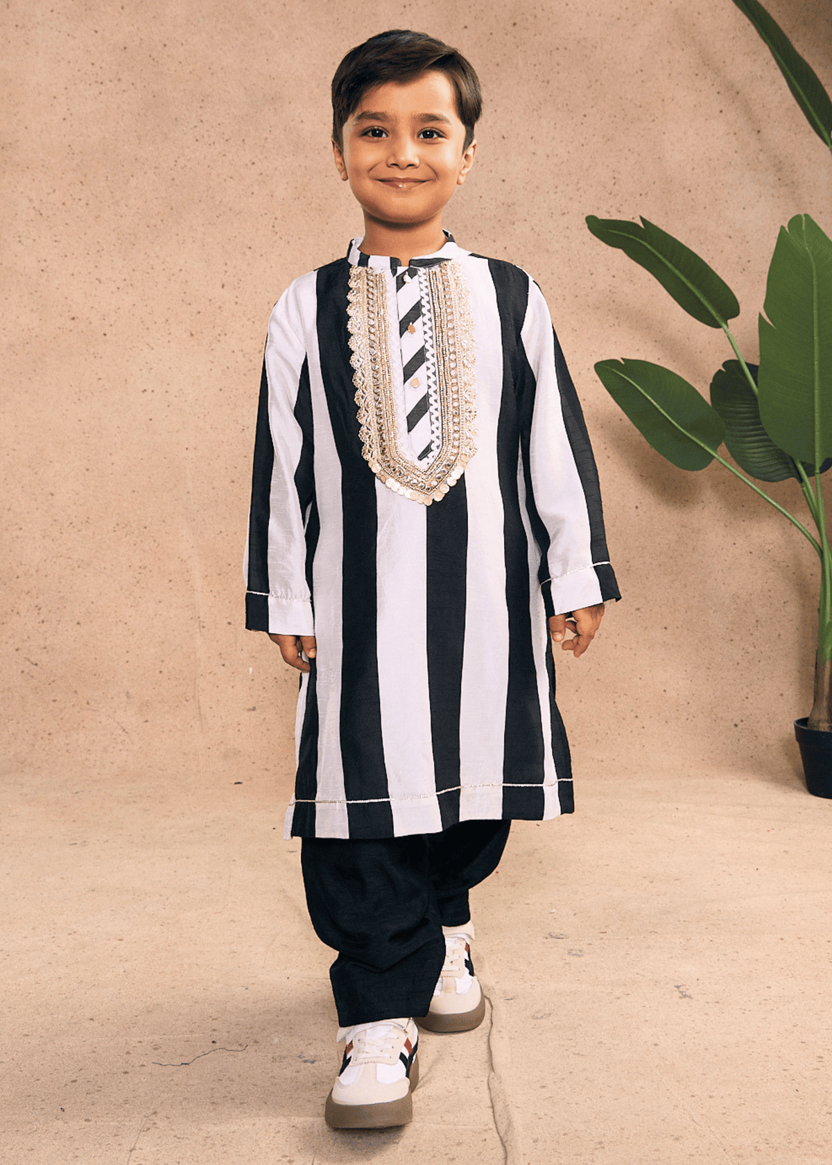 Zoey Stripe Boys Embellished Kurta & Pant Co-ord with Detachable Drape (Set of 2 pcs)