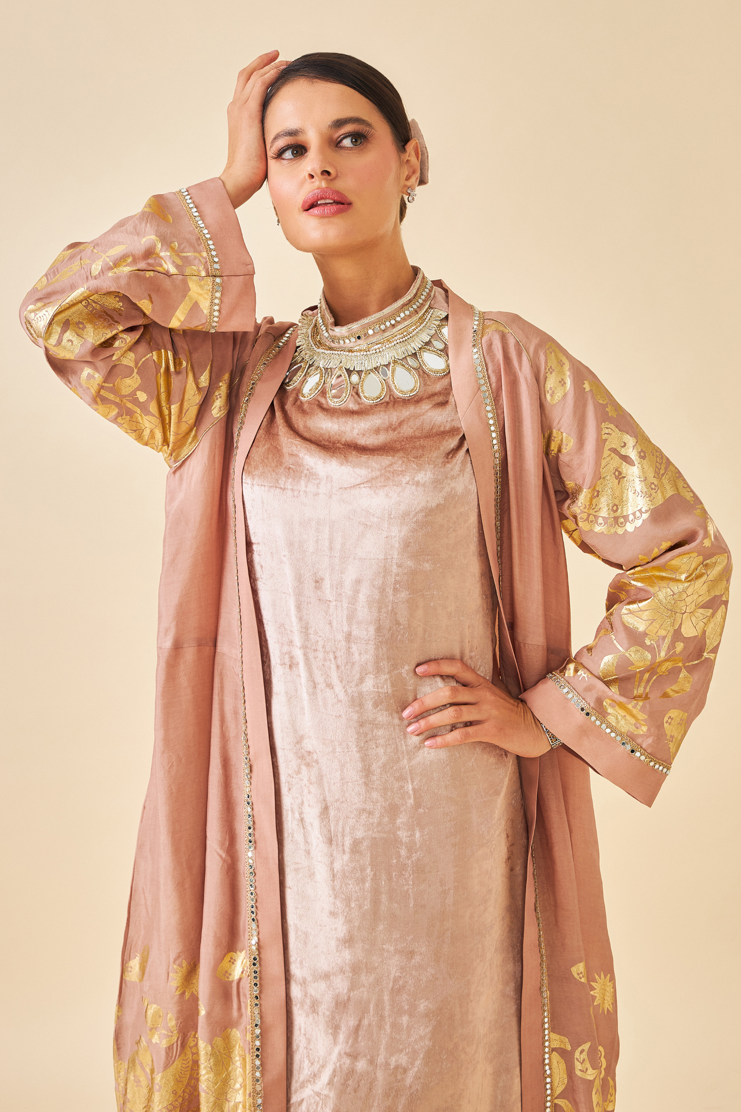 Tiffara Gold Ladies Coat with Long Dress ( set of 2 pcs)