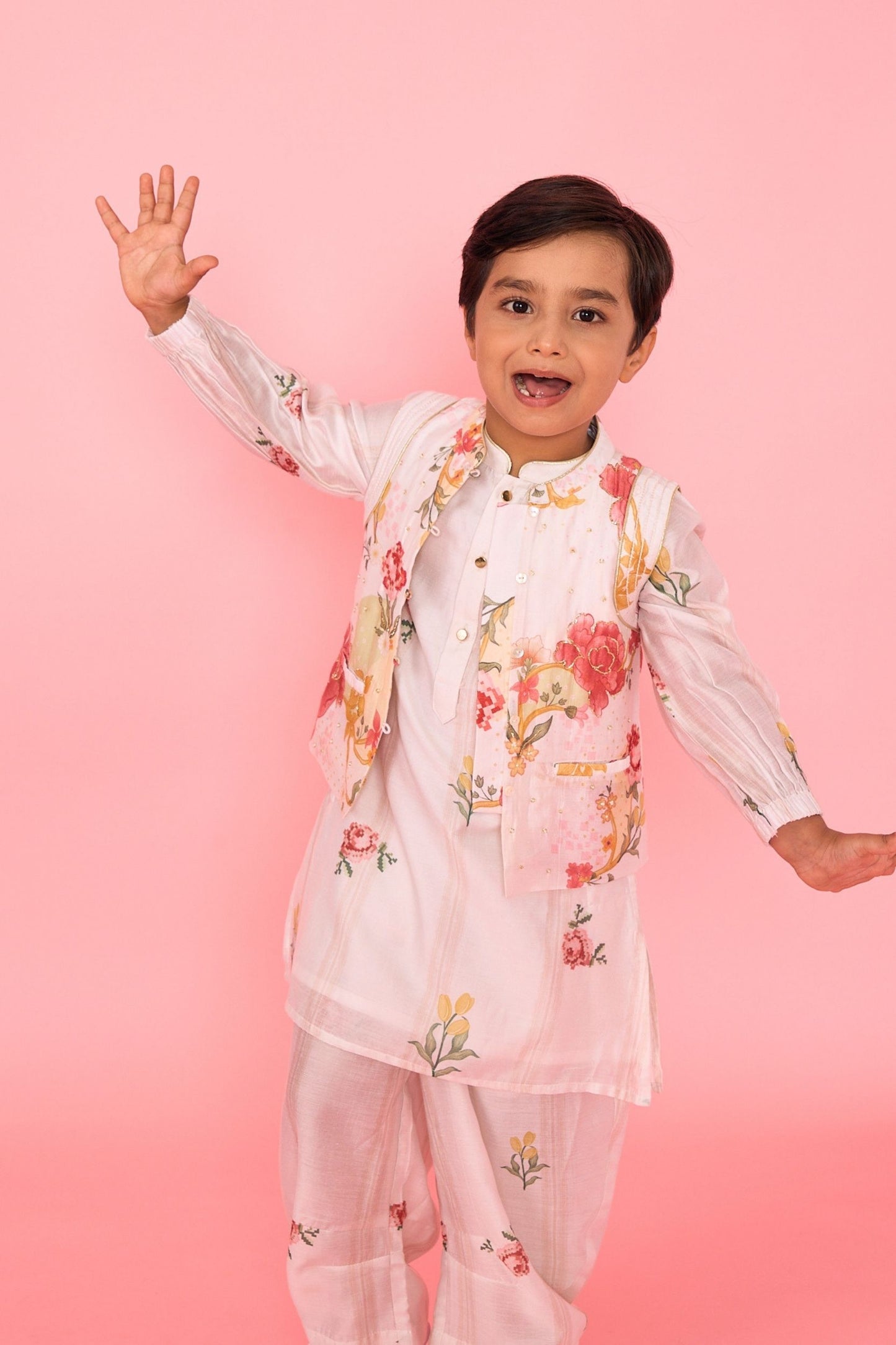 White Makrana Stripes Boys Coord With Embellished Jacket( 3 Pc Set)