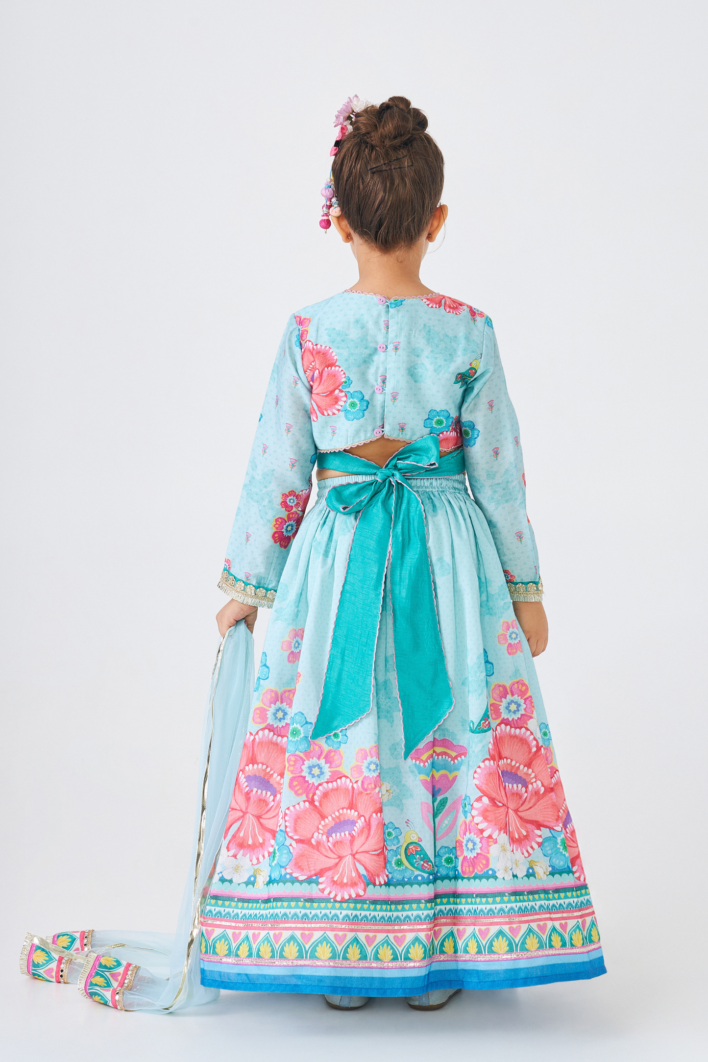 Freya Sage Girls Embellished Top & Lehenga (Set of 3 Pcs)