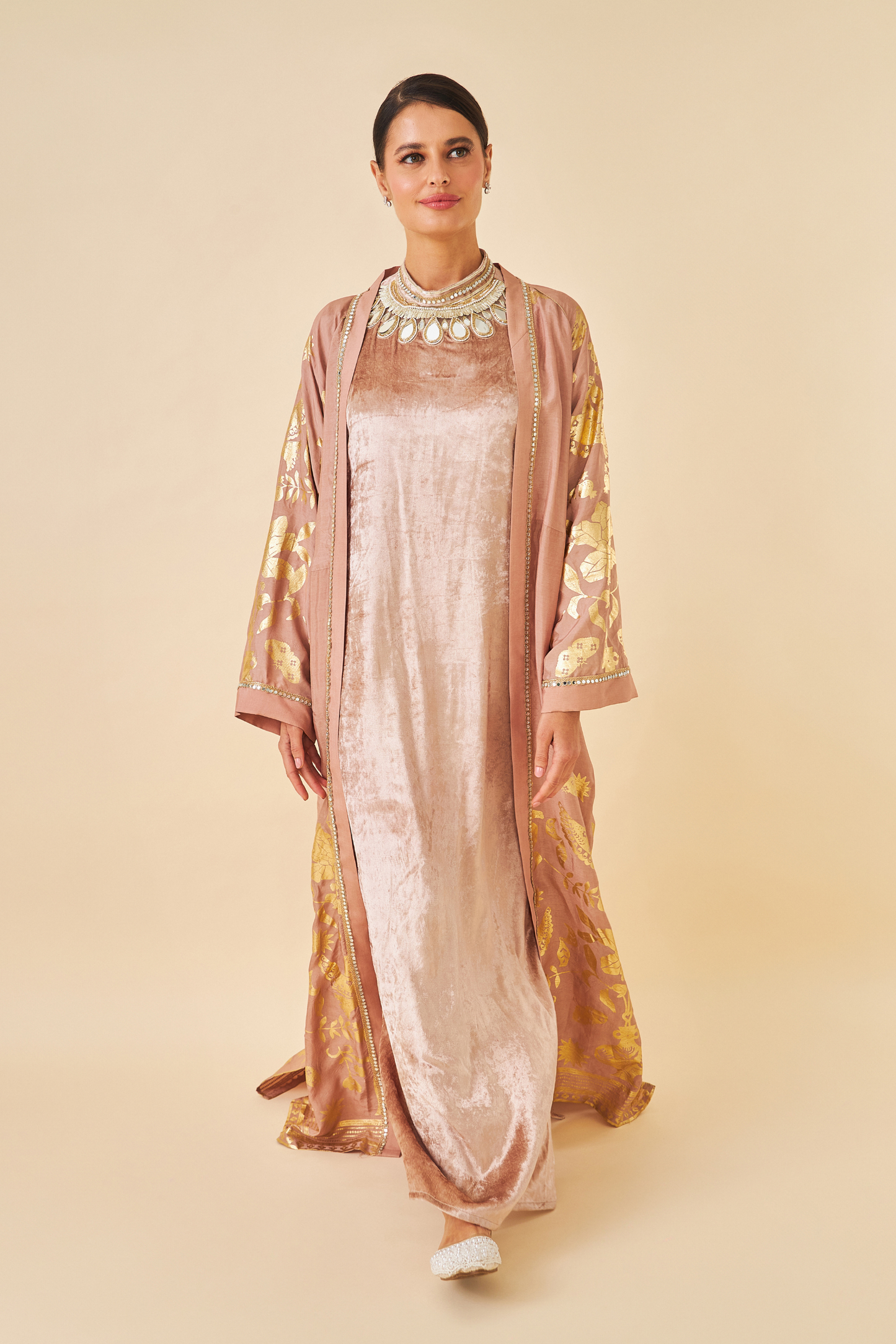 Tiffara Gold Ladies Coat with Long Dress ( set of 2 pcs)