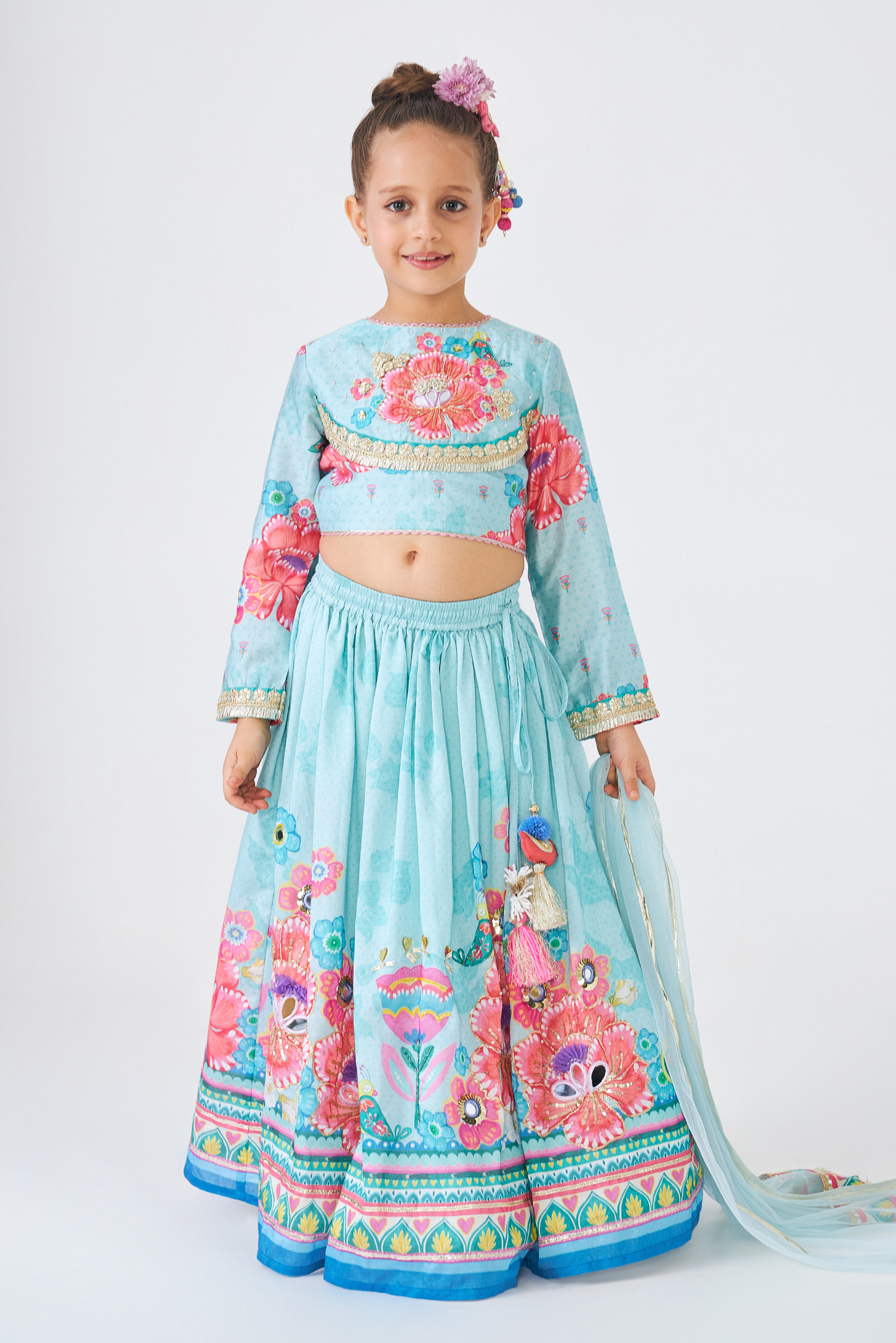 Freya Sage Girls Embellished Top & Lehenga (Set of 3 Pcs)