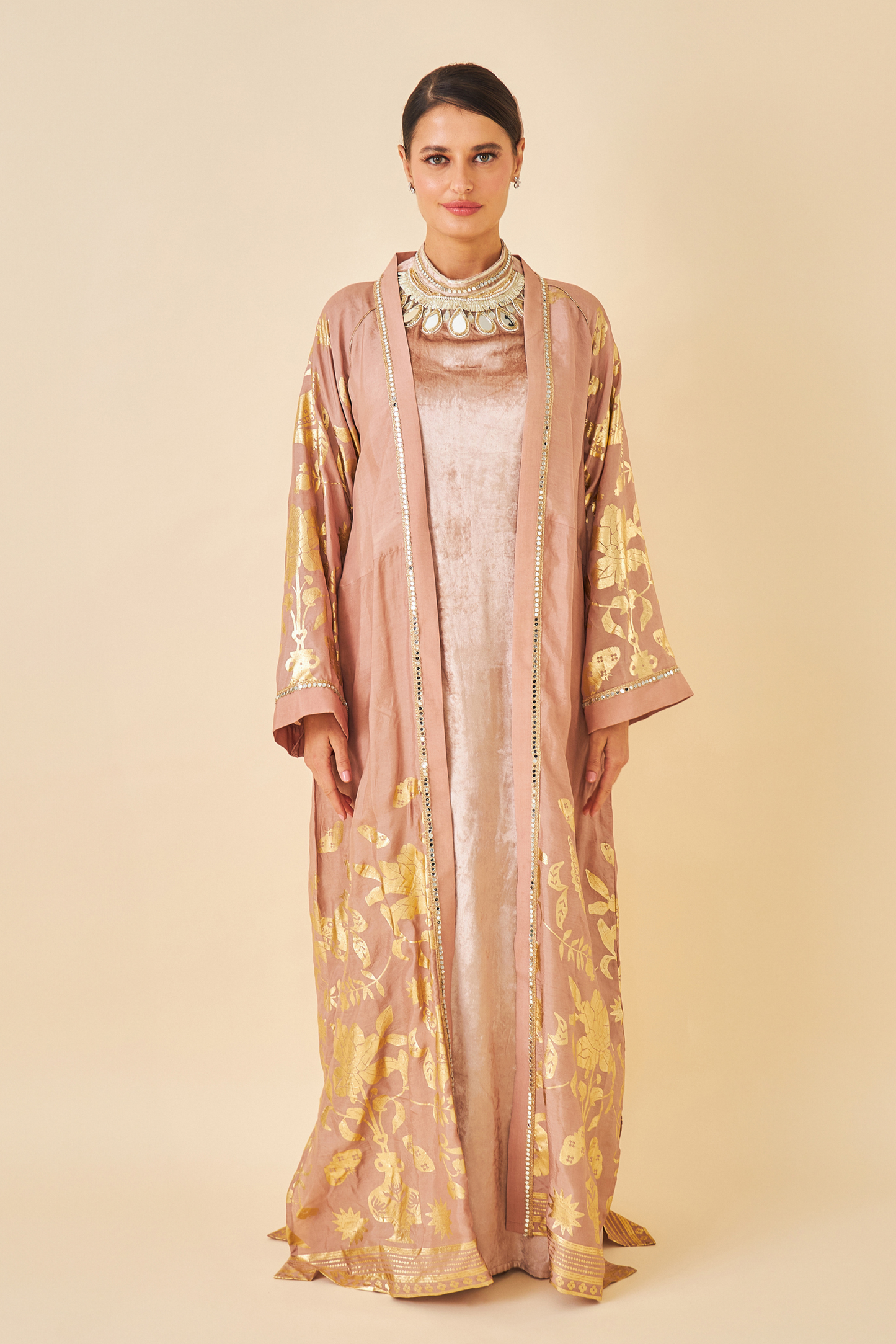 Tiffara Gold Ladies Coat with Long Dress ( set of 2 pcs)