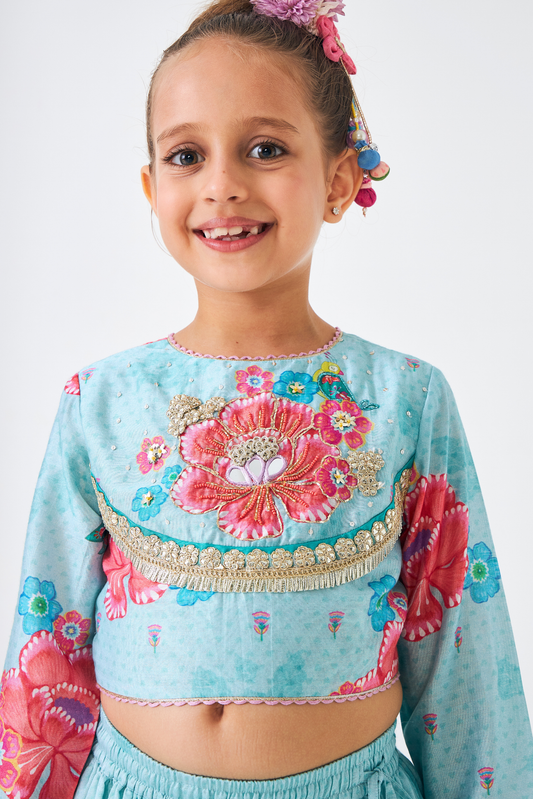 Freya Sage Girls Embellished Top & Lehenga (Set of 3 Pcs)