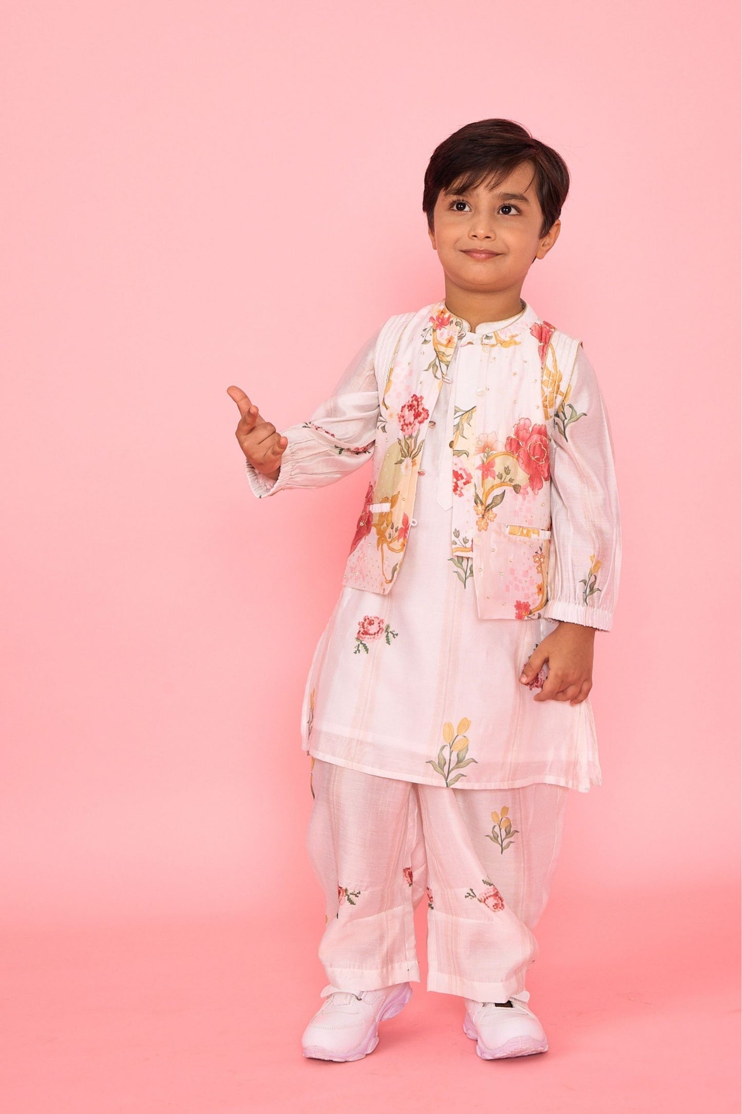 White Makrana Stripes Boys Coord With Embellished Jacket( 3 Pc Set)