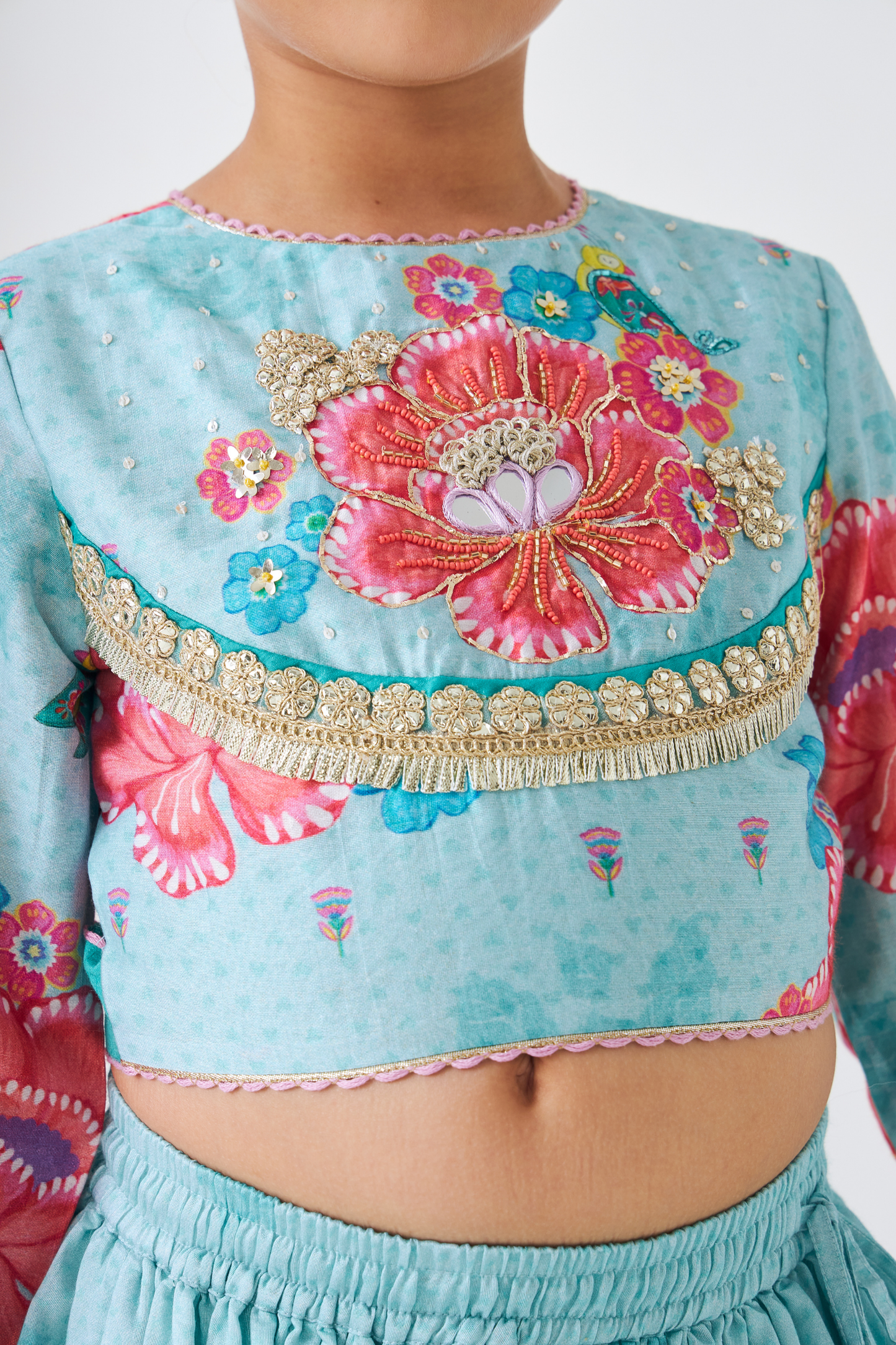 Freya Sage Girls Embellished Top & Lehenga (Set of 3 Pcs)