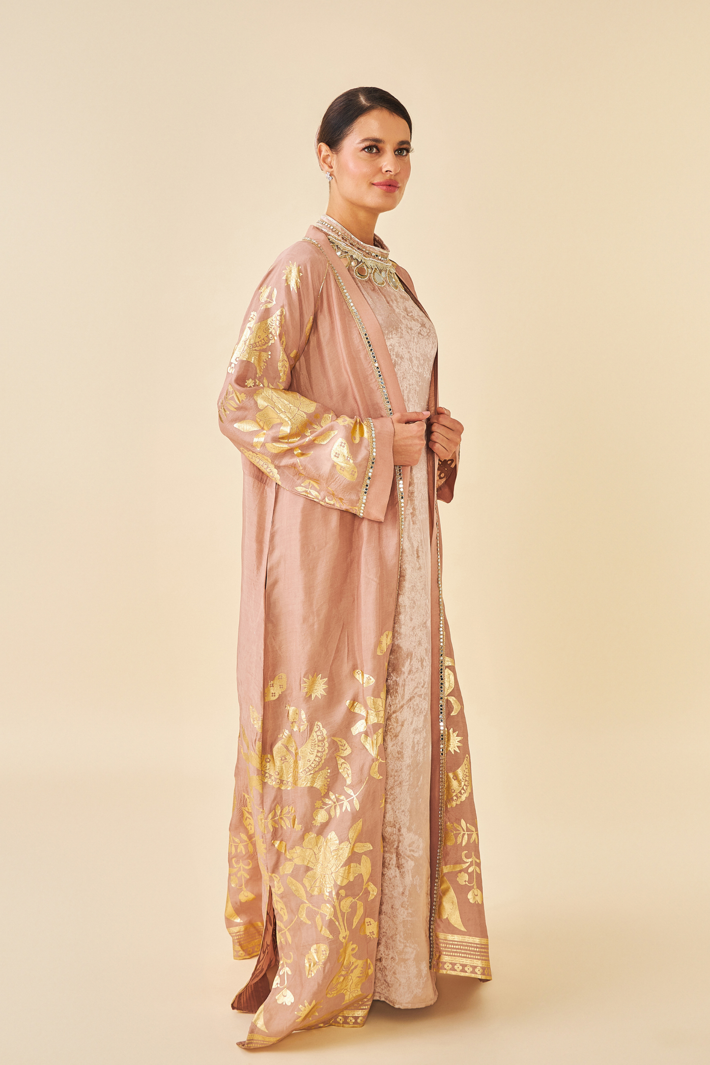 Tiffara Gold Ladies Coat with Long Dress ( set of 2 pcs)