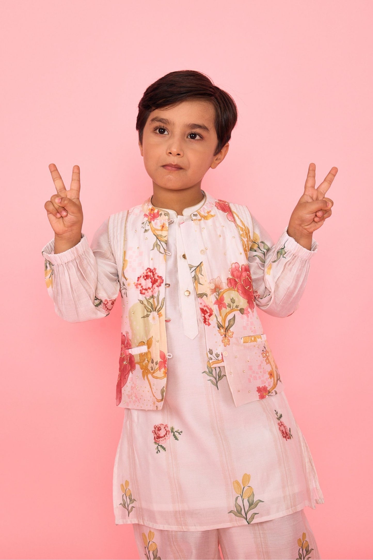 White Makrana Stripes Boys Coord With Embellished Jacket( 3 Pc Set)