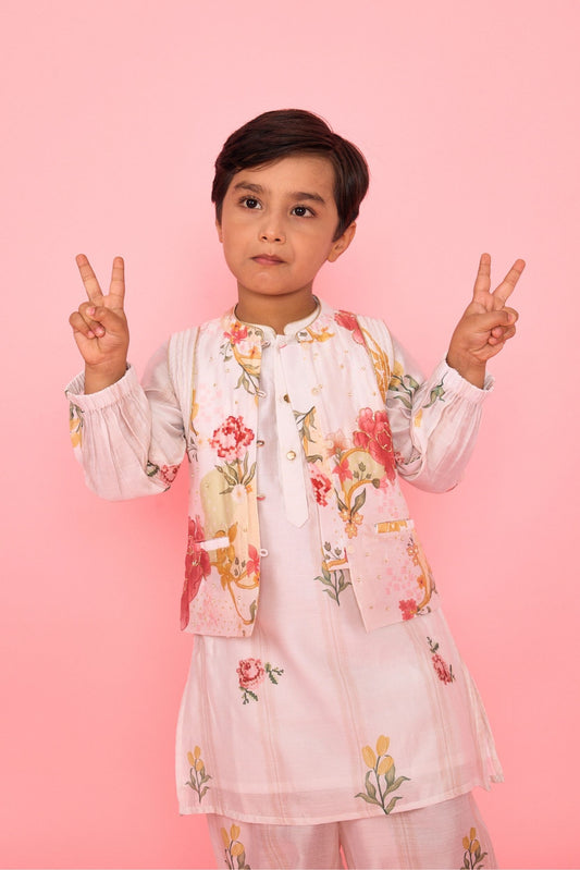 White Makrana Stripes Boys Coord With Embellished Jacket( 3 Pc Set)