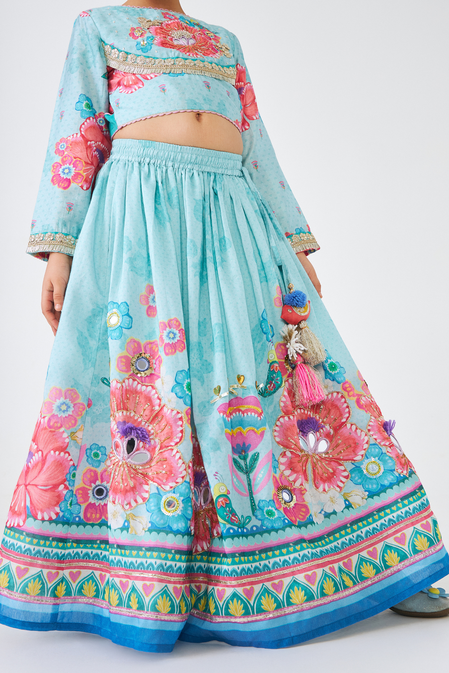 Freya Sage Girls Embellished Top & Lehenga (Set of 3 Pcs)