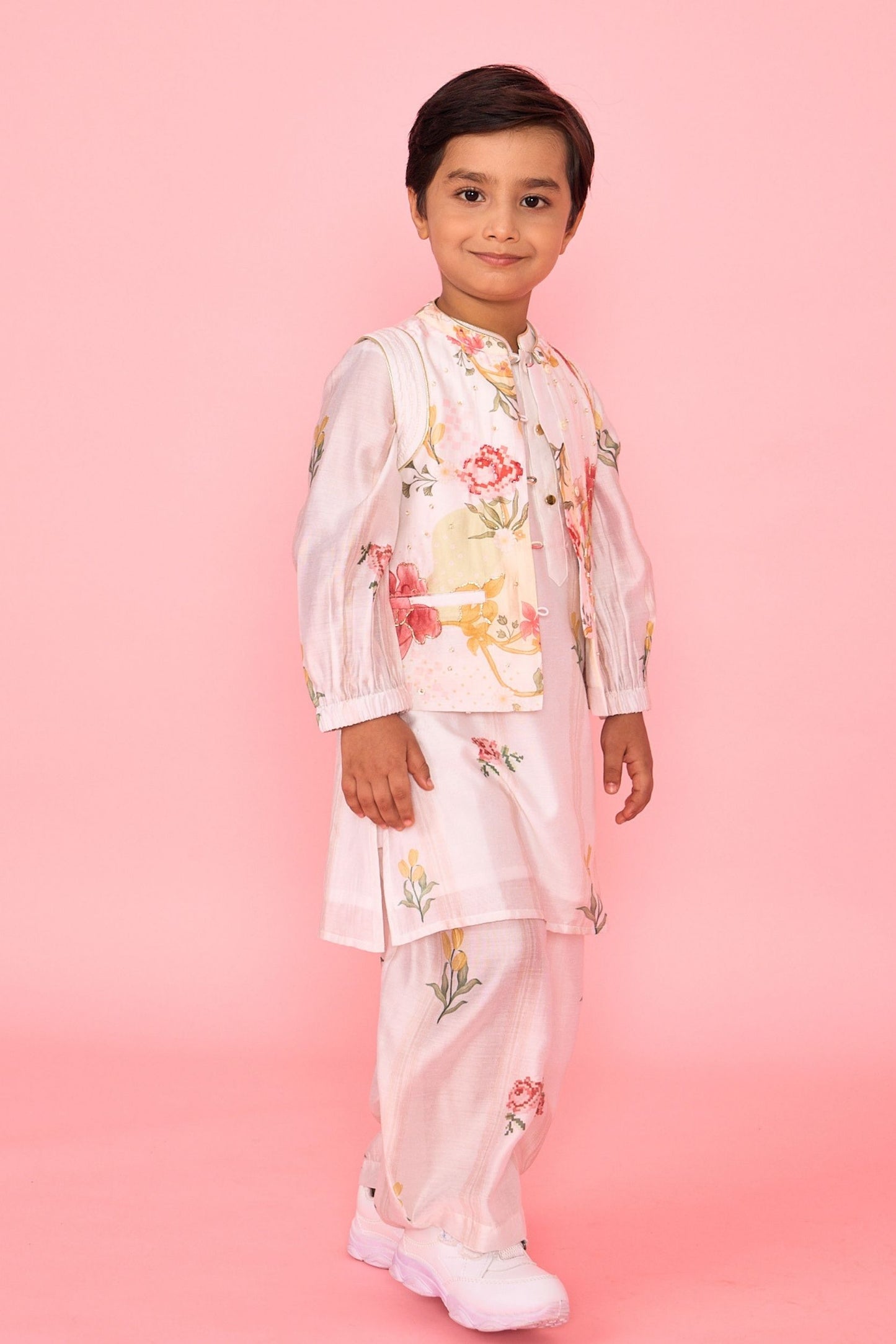 White Makrana Stripes Boys Coord With Embellished Jacket( 3 Pc Set)