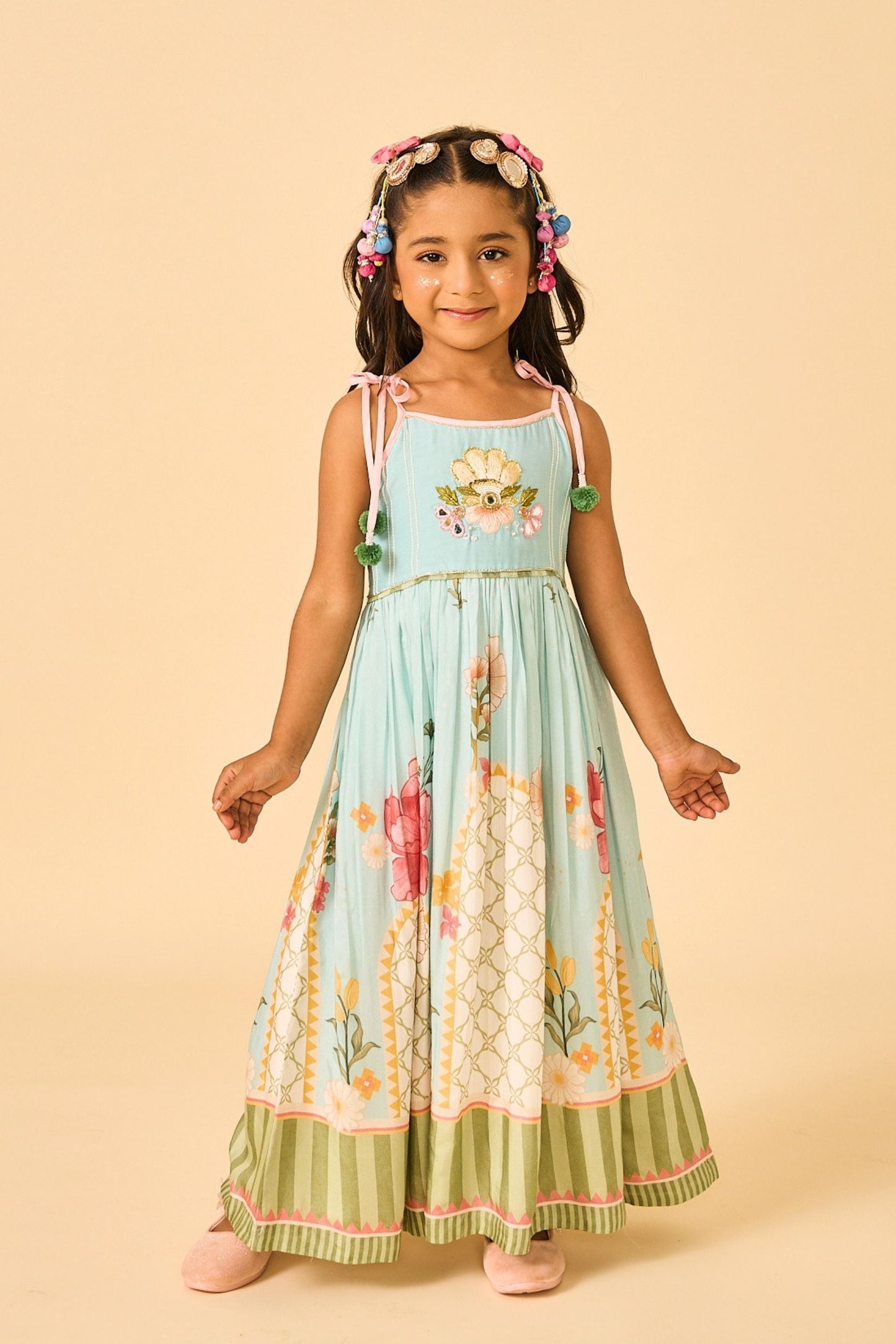 Blue Clay Embellished Girls Long Strappy Dress