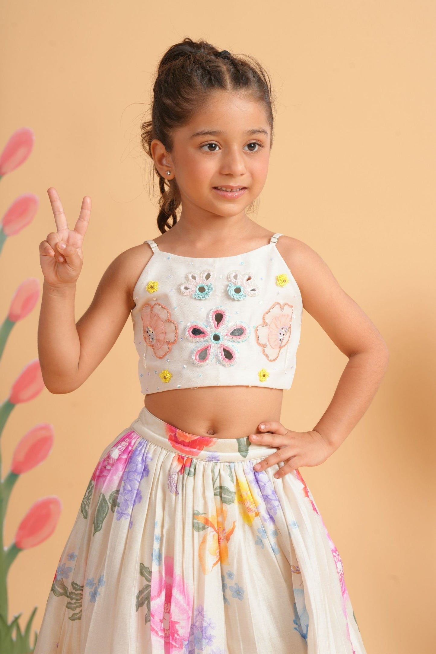 Clea Off-White Girls Skirt with Embellished Crop Top