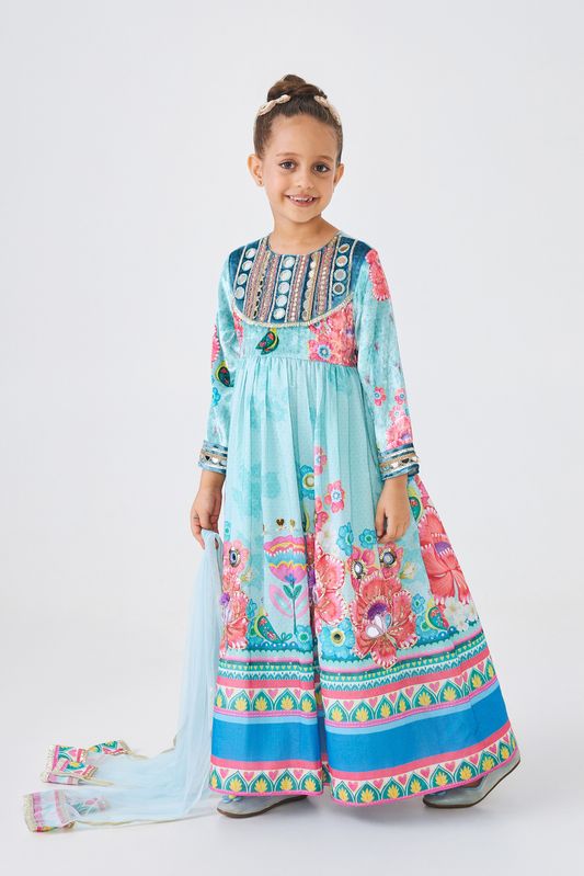Freya Sage Embellished Girls Long Dress (Set of 2 Pcs)
