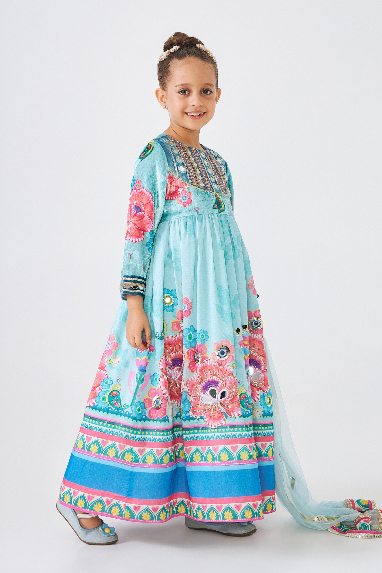 Freya Sage Embellished Girls Long Dress (Set of 2 Pcs)