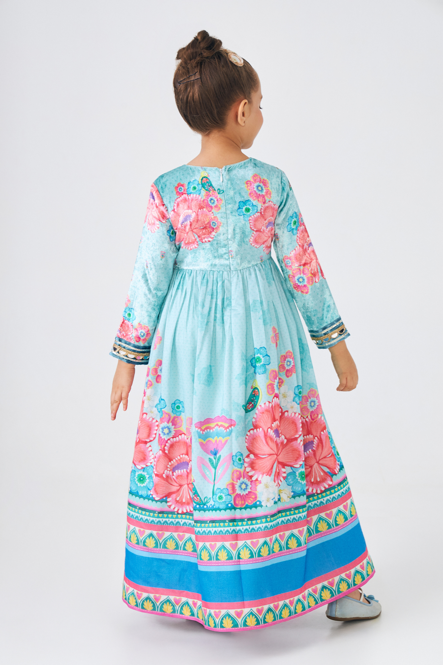 Freya Sage Embellished Girls Long Dress (Set of 2 Pcs)