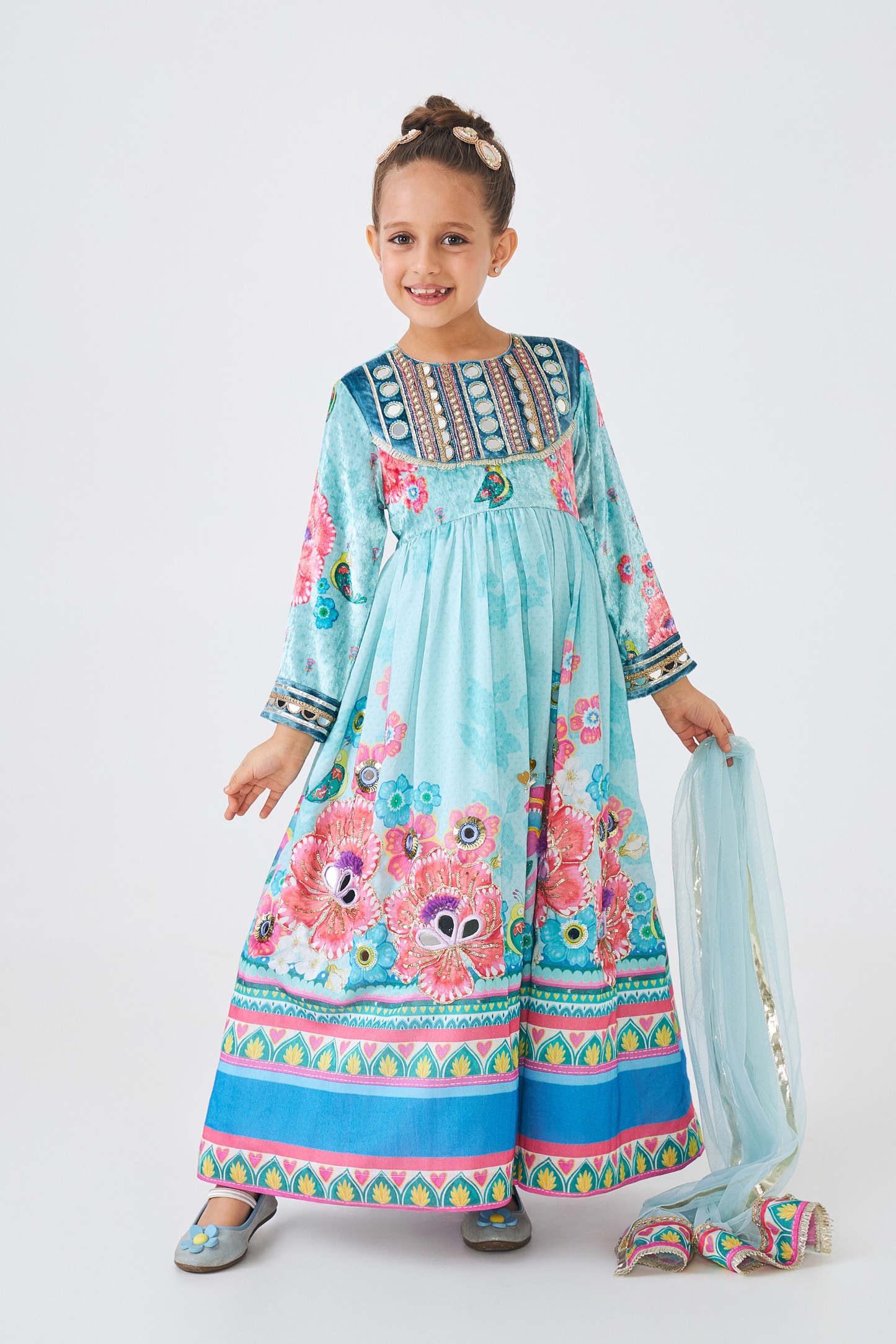 Freya Sage Embellished Girls Long Dress (Set of 2 Pcs)