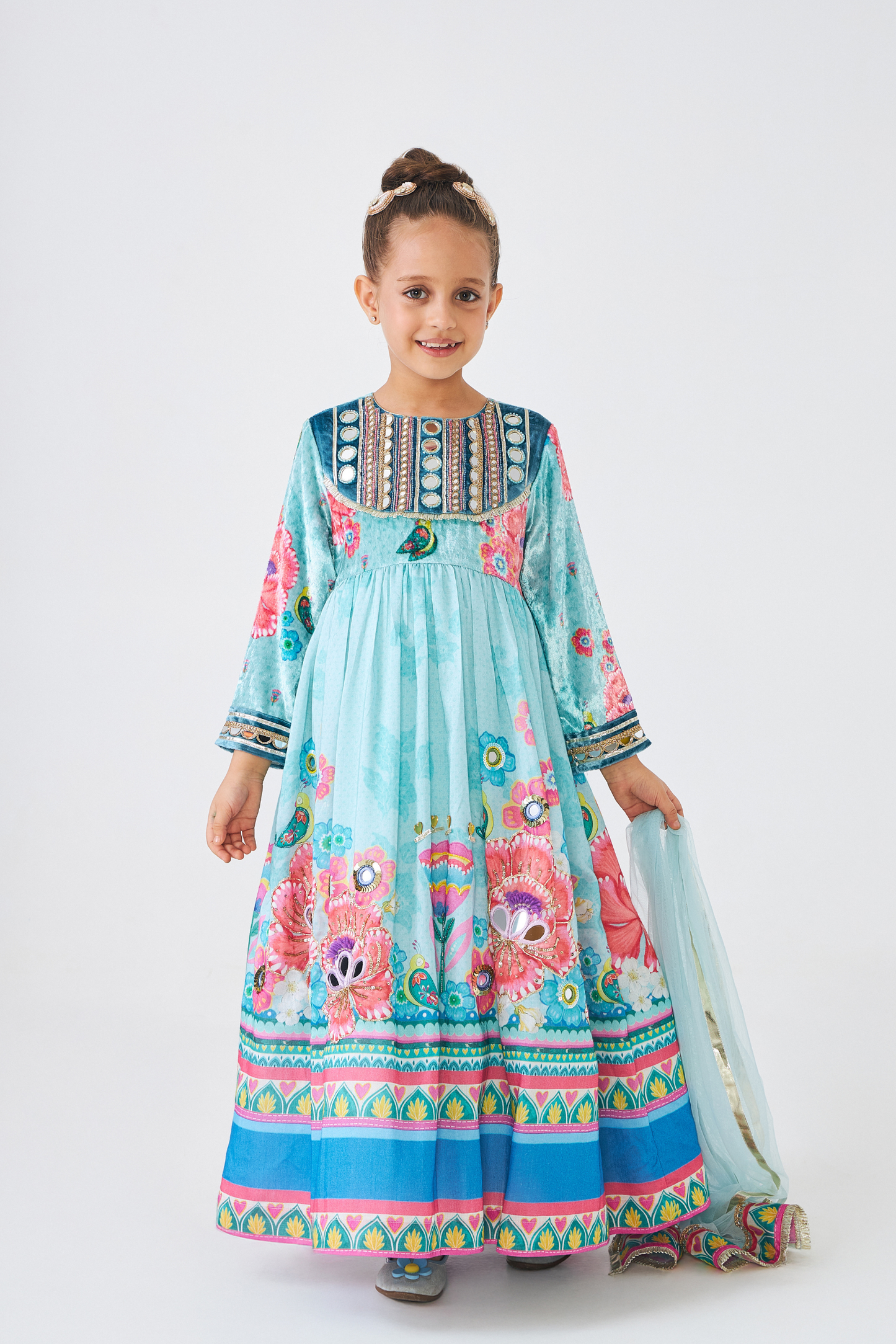 Freya Sage Embellished Girls Long Dress (Set of 2 Pcs)