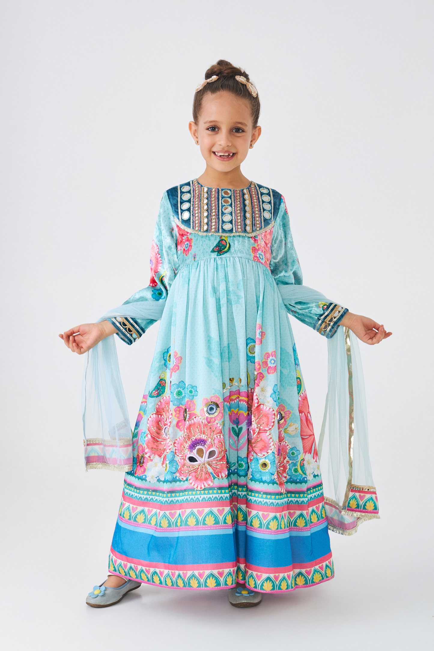 Freya Sage Embellished Girls Long Dress (Set of 2 Pcs)