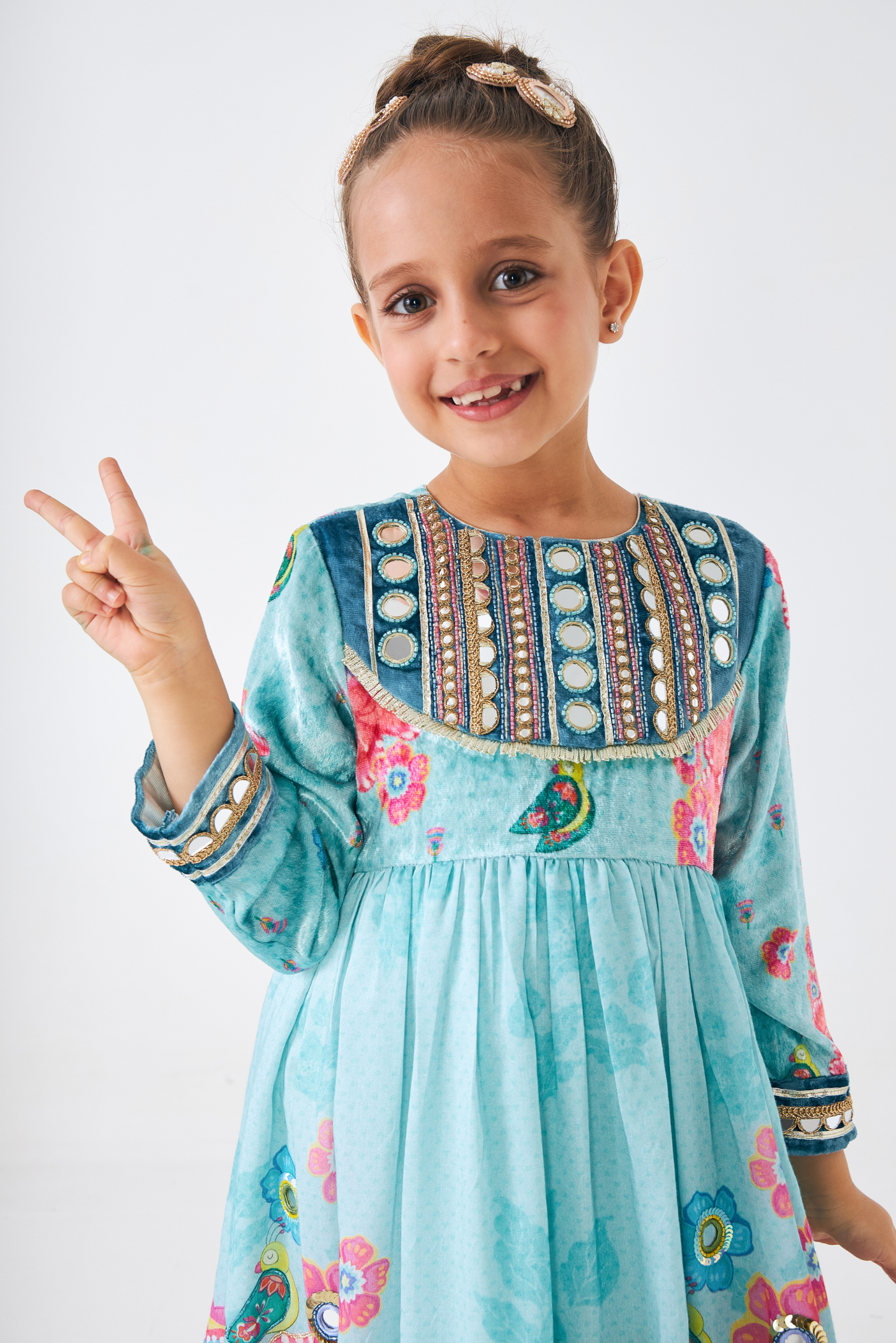 Freya Sage Embellished Girls Long Dress (Set of 2 Pcs)