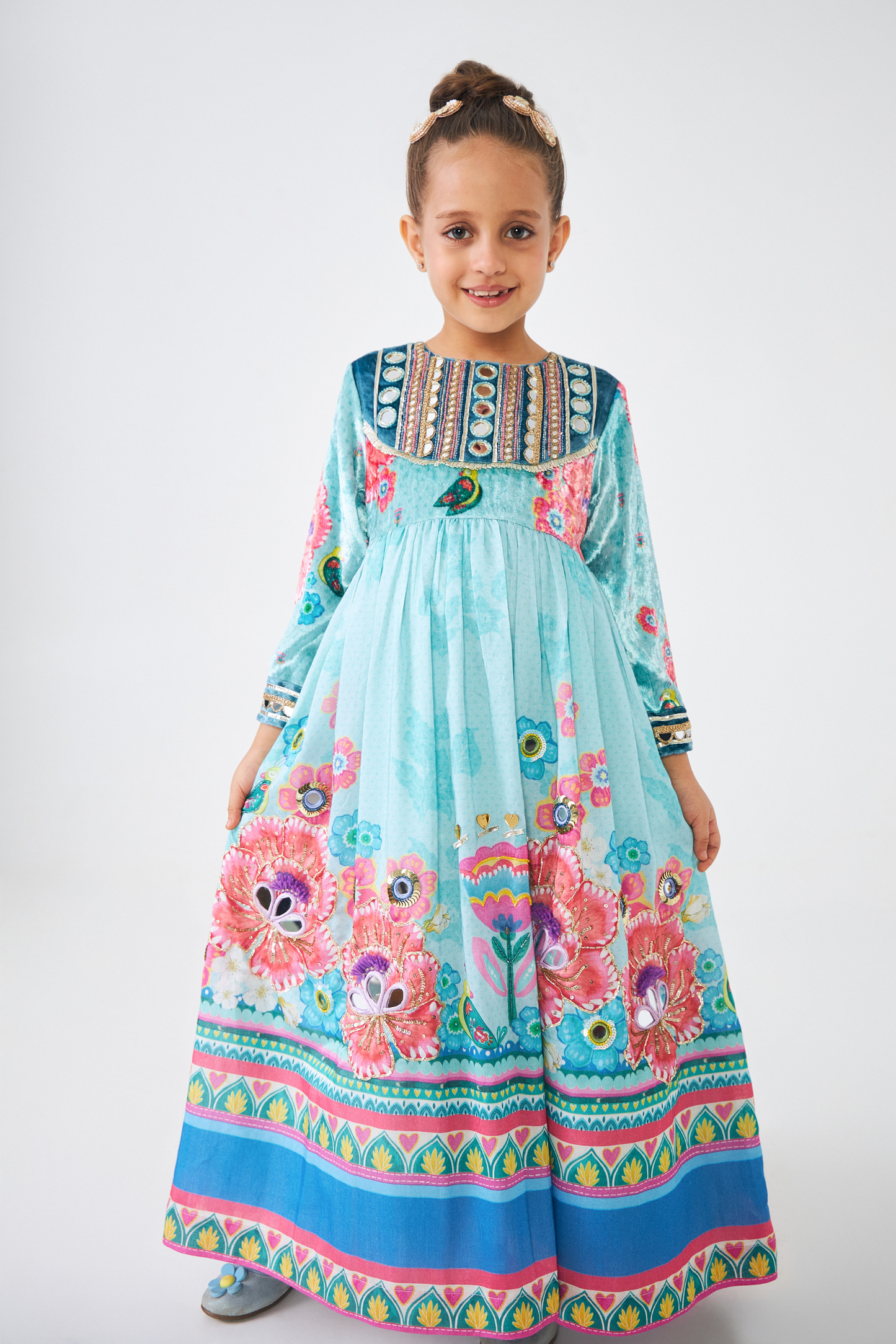 Freya Sage Embellished Girls Long Dress (Set of 2 Pcs)