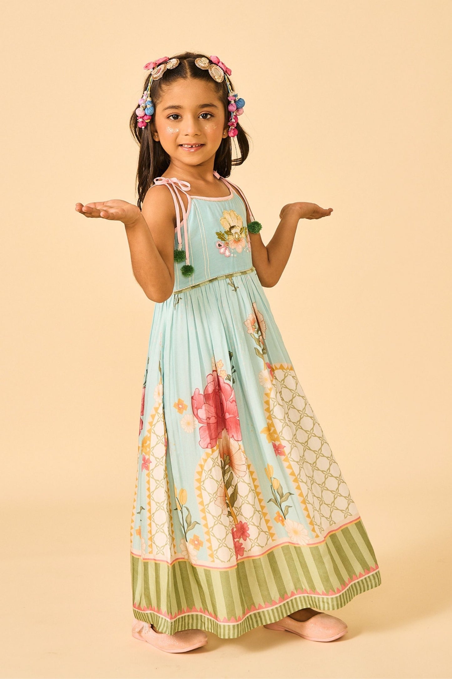 Blue Clay Embellished Girls Long Strappy Dress