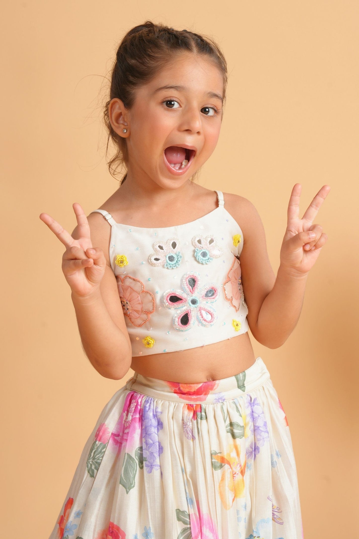 Clea Off-White Girls Skirt with Embellished Crop Top