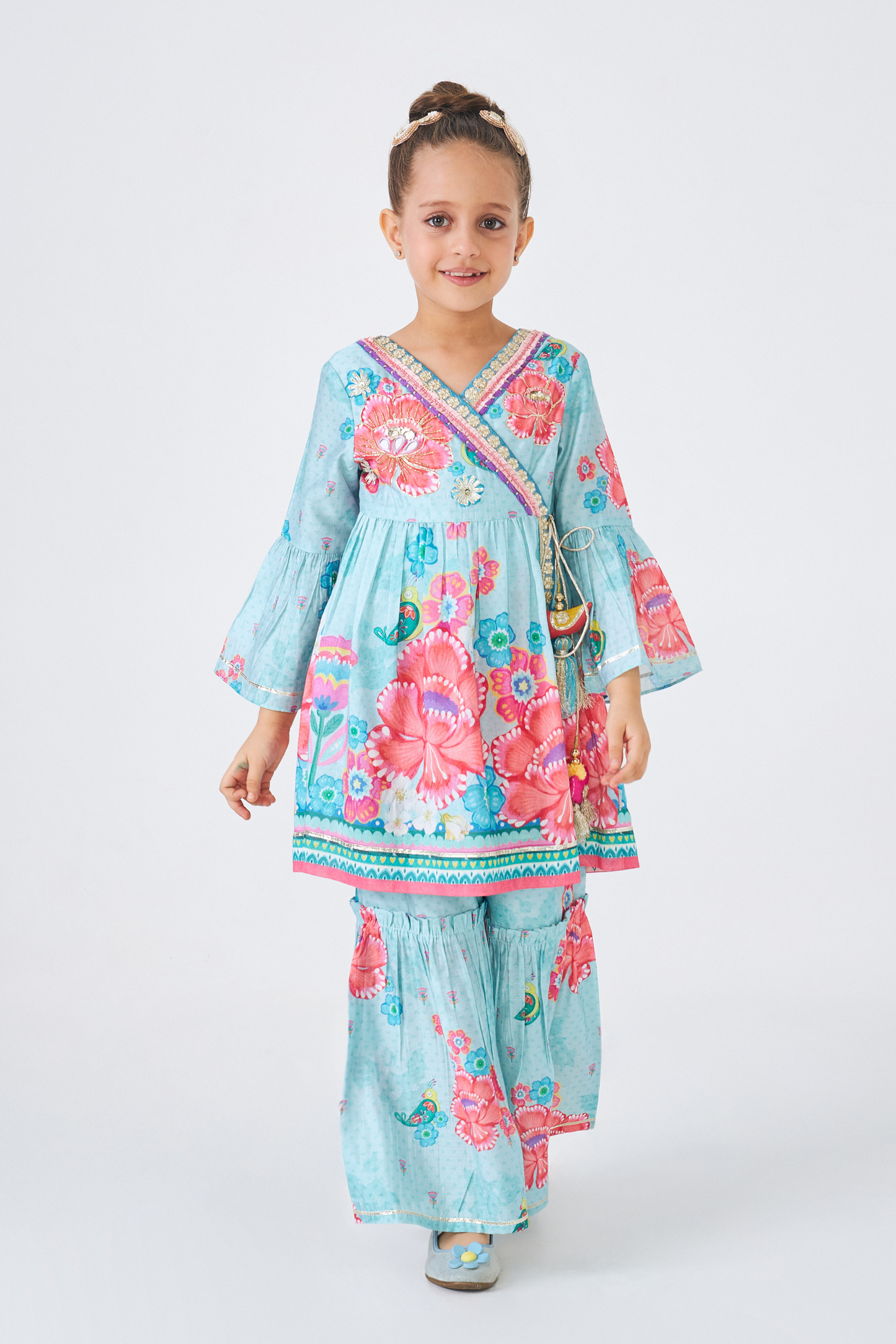 Freya Sage Embellished Girls Wrap Tunic & Flared Trouser Coord (Set of 2 Pcs)