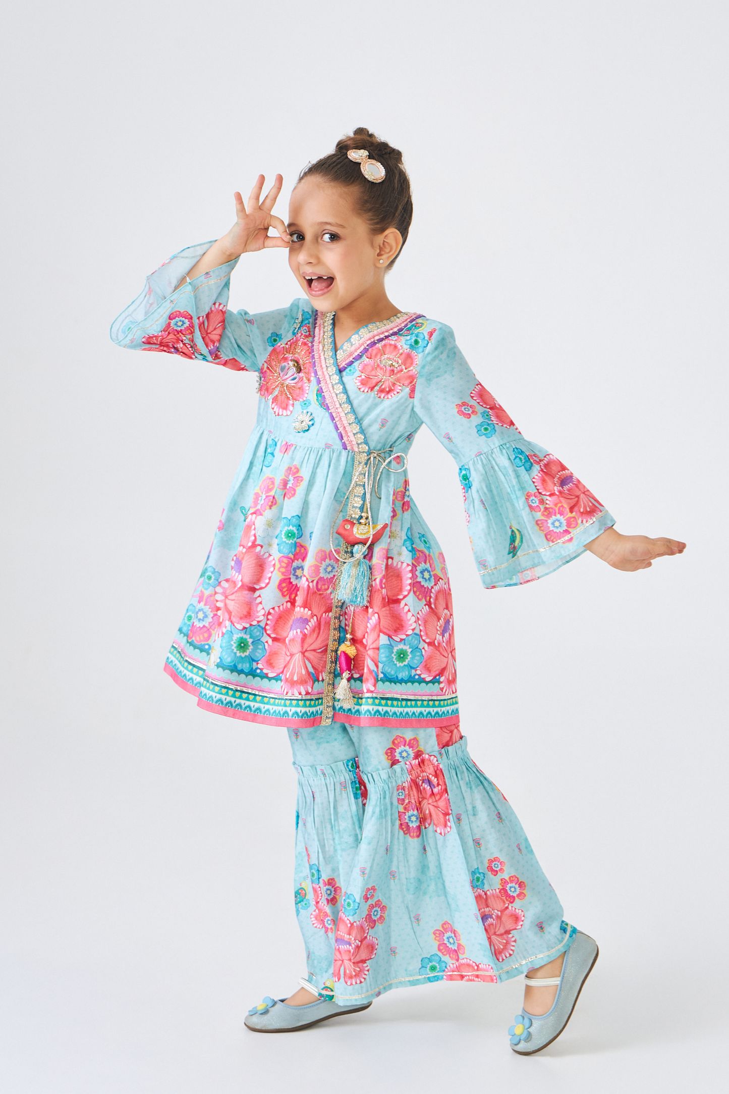 Freya Sage Embellished Girls Wrap Tunic & Flared Trouser Coord (Set of 2 Pcs)
