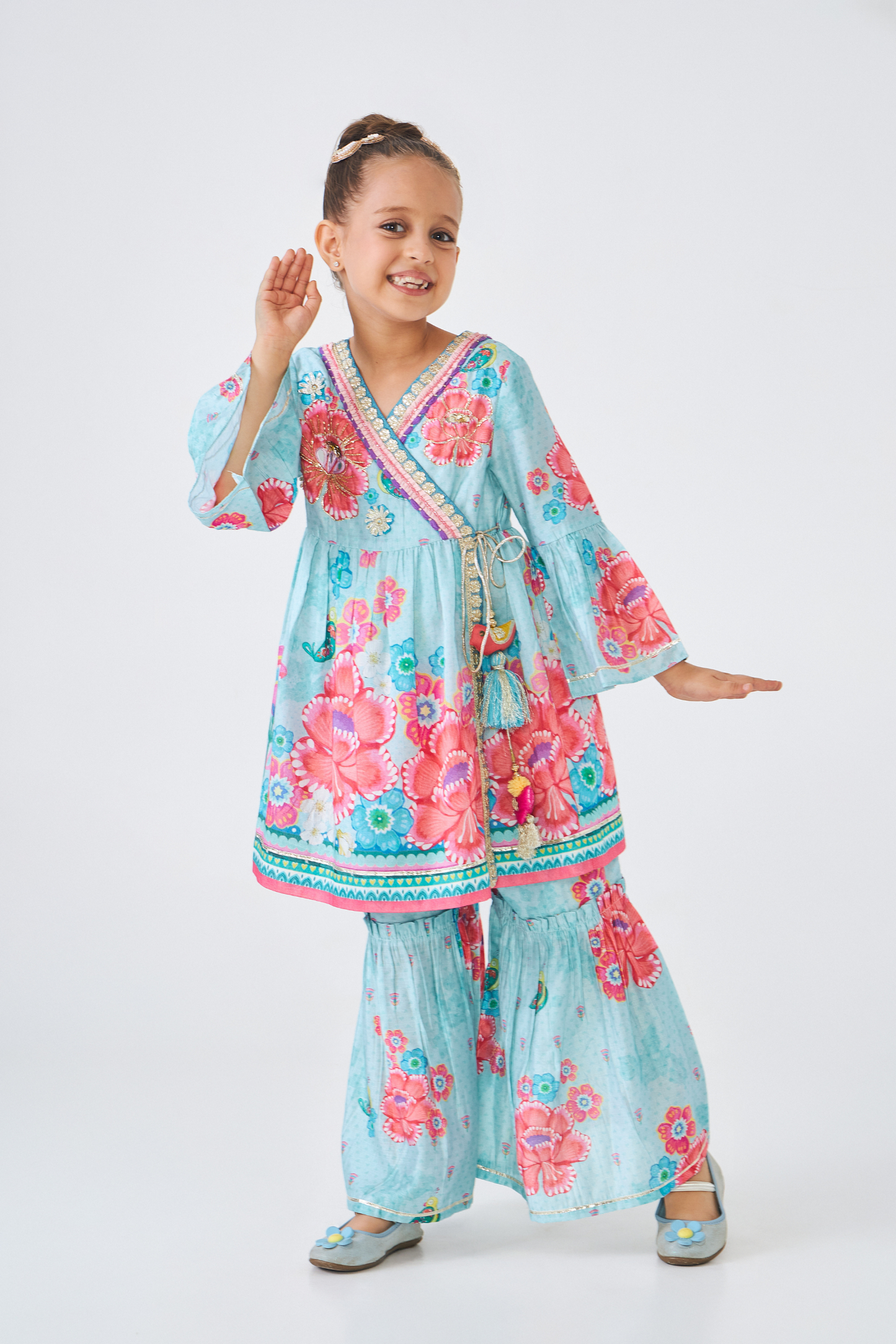 Freya Sage Embellished Girls Wrap Tunic & Flared Trouser Coord (Set of 2 Pcs)