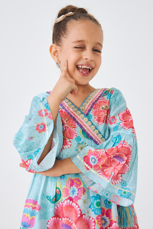 Freya Sage Embellished Girls Wrap Tunic & Flared Trouser Coord (Set of 2 Pcs)