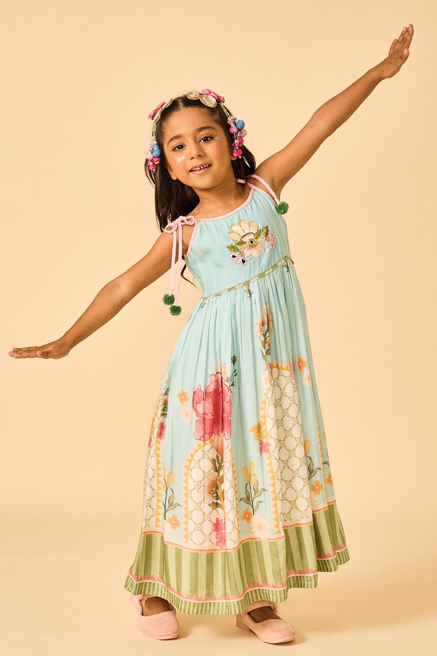 Blue Clay Embellished Girls Long Strappy Dress