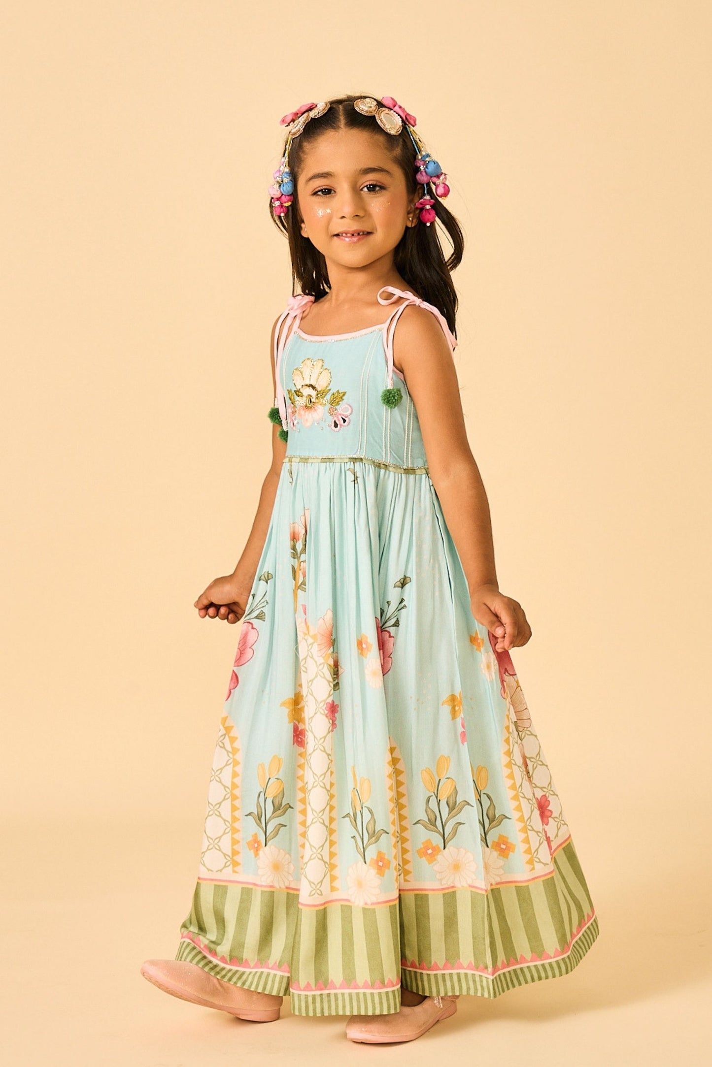 Blue Clay Embellished Girls Long Strappy Dress